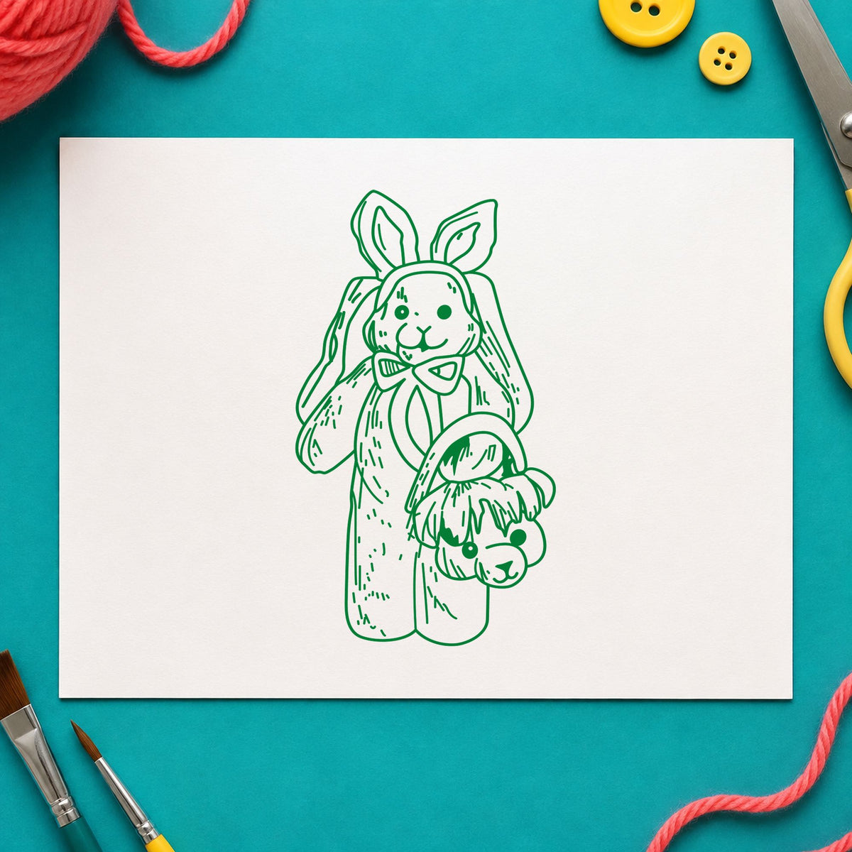 Bunny with Bear Shaped Basket Rubber Stamp impression in green ink on white paper in a styled craft setting.