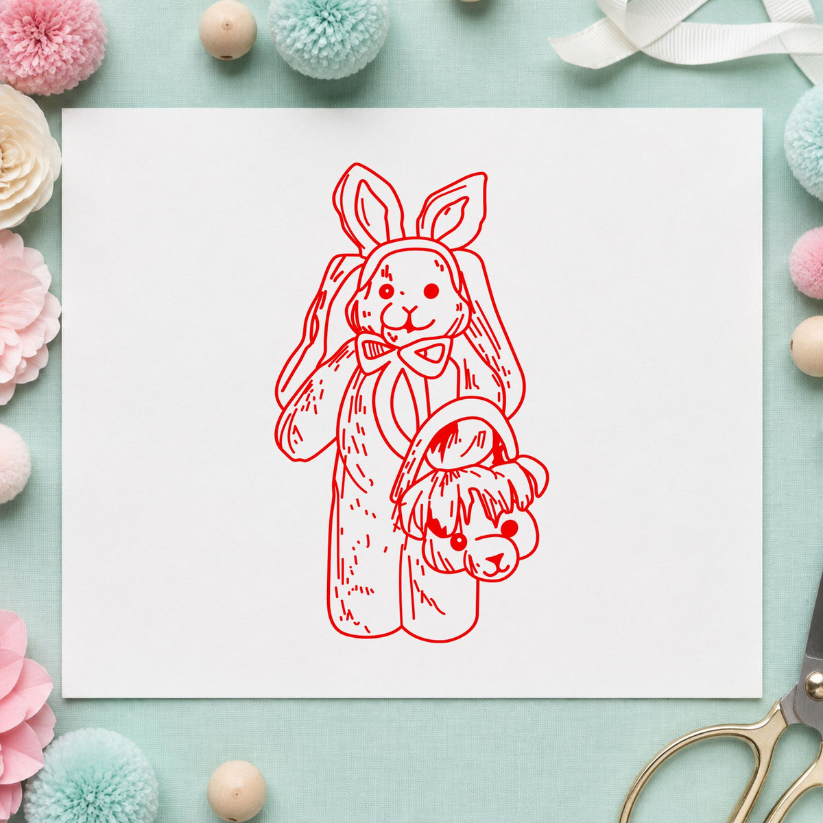 Bunny with Bear Shaped Basket Rubber Stamp impression in red ink on white paper in a styled craft setting.