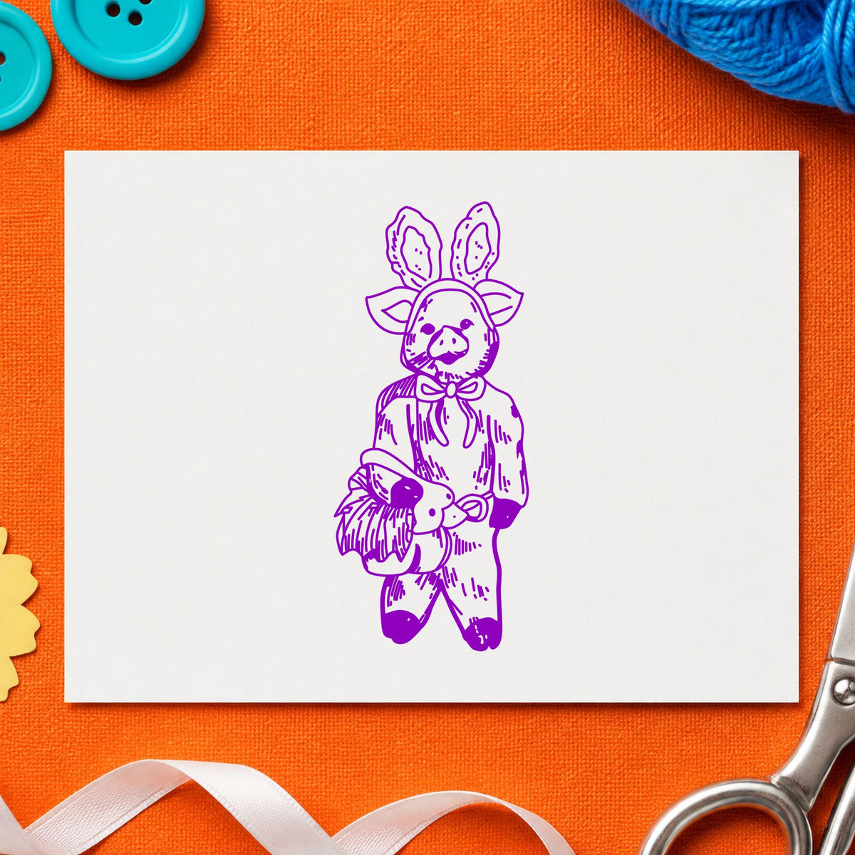 Pig in Bunny Costume with Basket Rubber Stamp impression in purple ink on white paper in a styled craft setting.