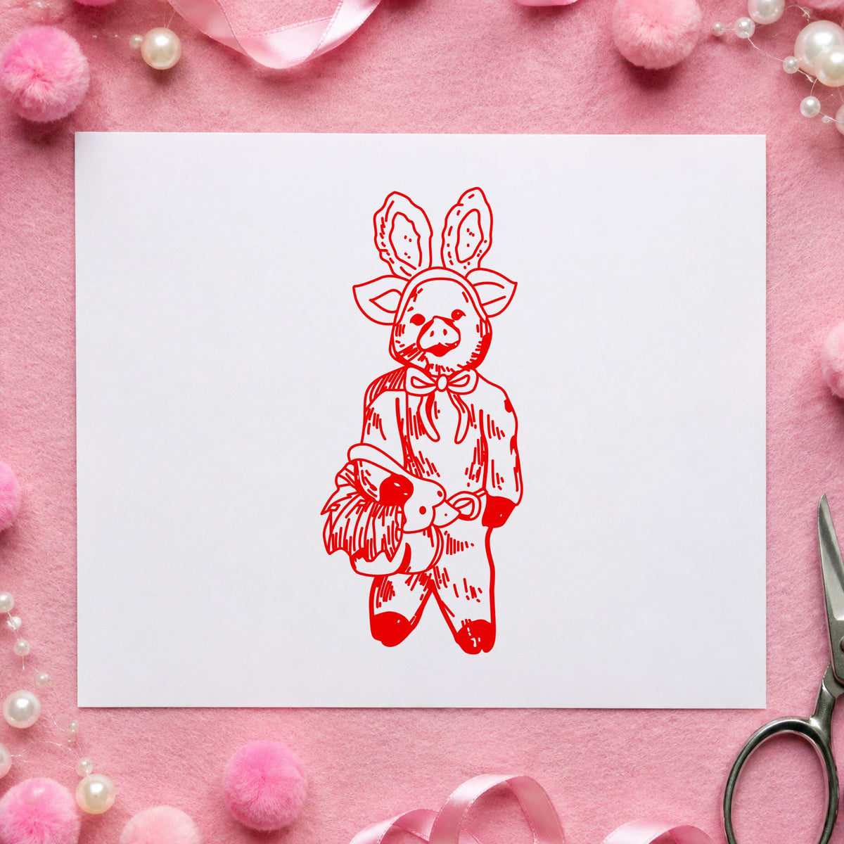 Pig in Bunny Costume with Basket Rubber Stamp impression in red ink on white paper in a styled craft setting.