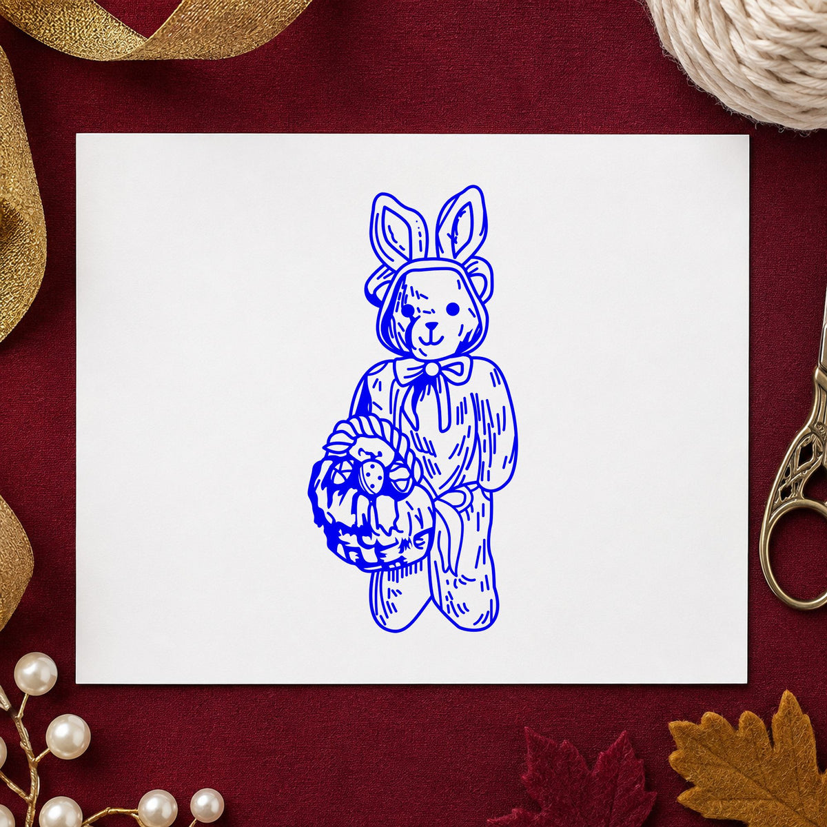 Bear in Bunny Costume with Basket Rubber Stamp impression in blue ink on white paper in a styled craft setting.