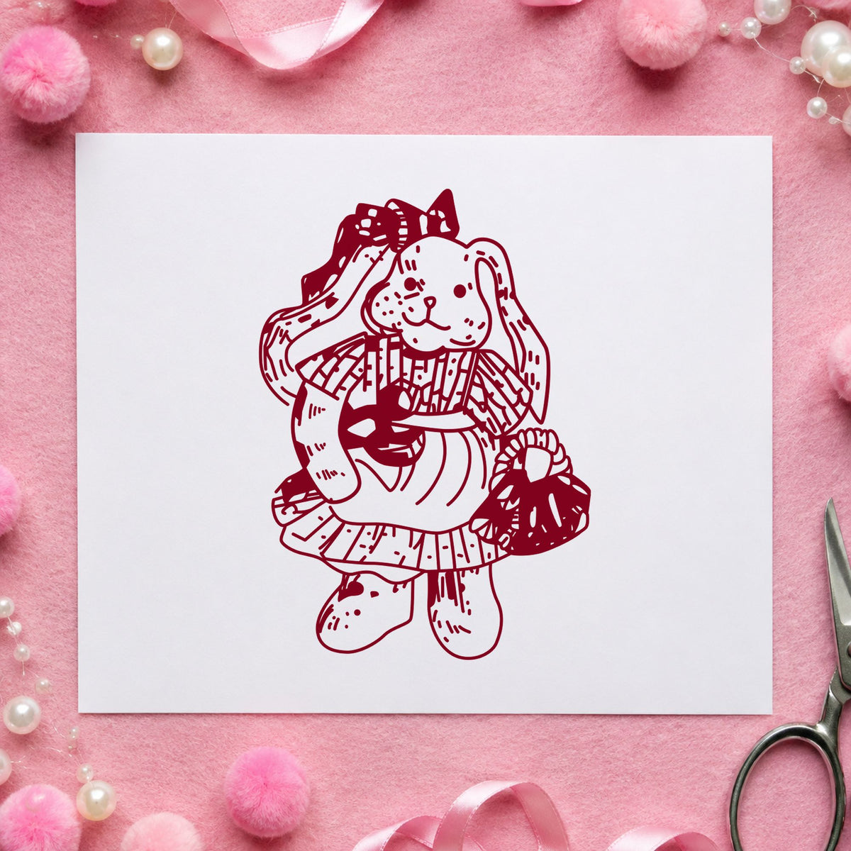 Country Bunny with Basket Rubber Stamp impression in burgundy ink on white paper in a styled craft setting.