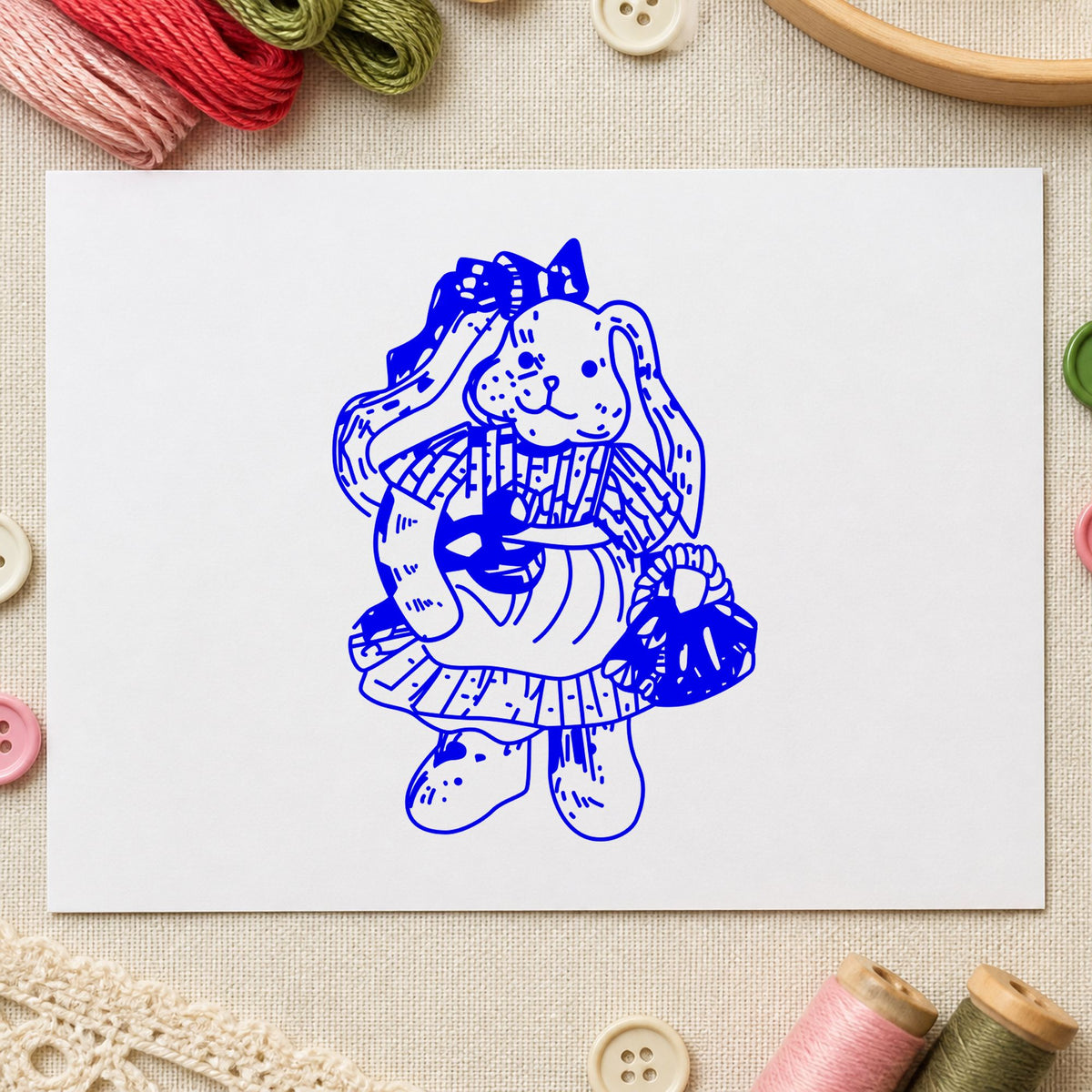 Country Bunny with Basket Rubber Stamp impression in blue ink on white paper in a styled craft setting.