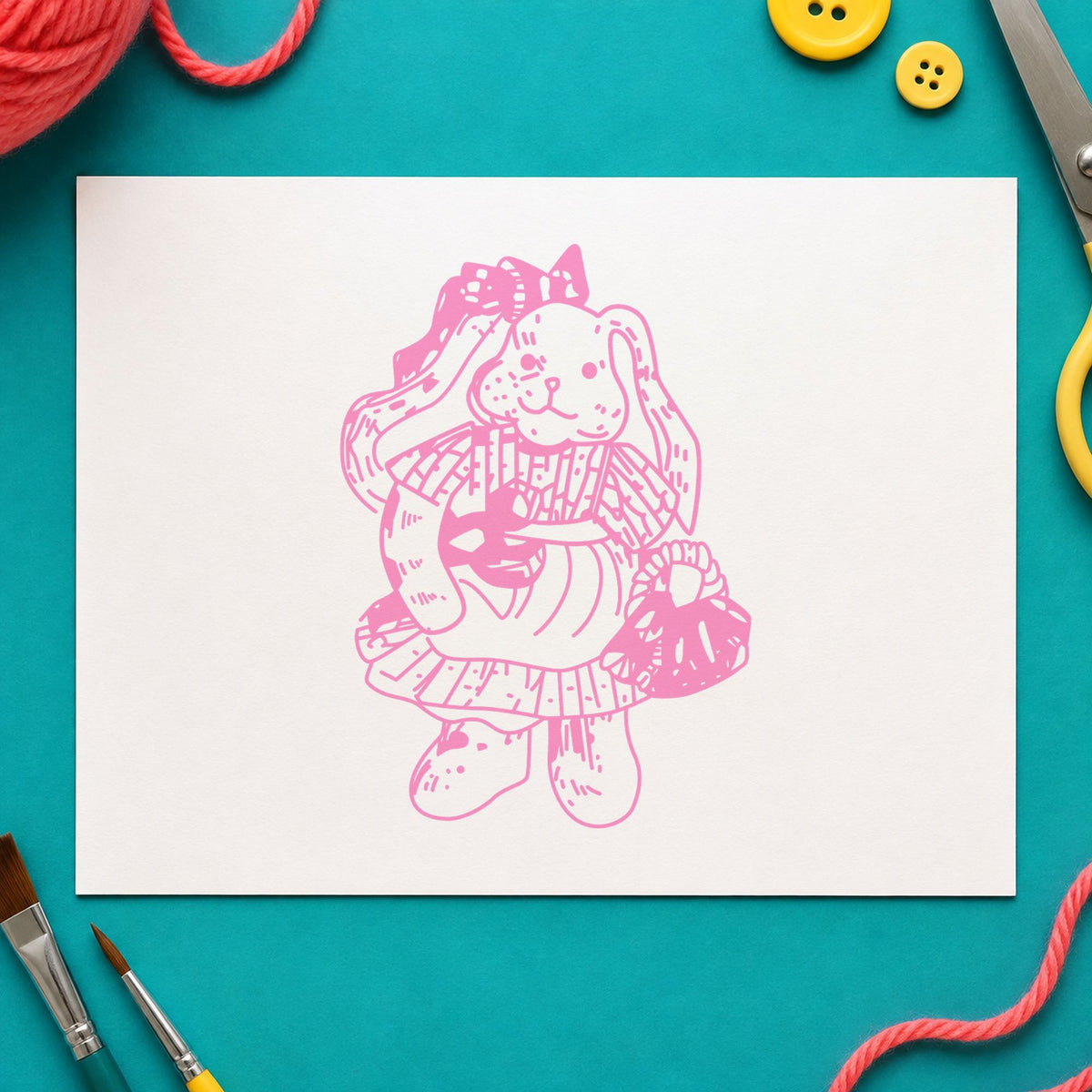 Country Bunny with Basket Rubber Stamp impression in pink ink on white paper in a styled craft setting.