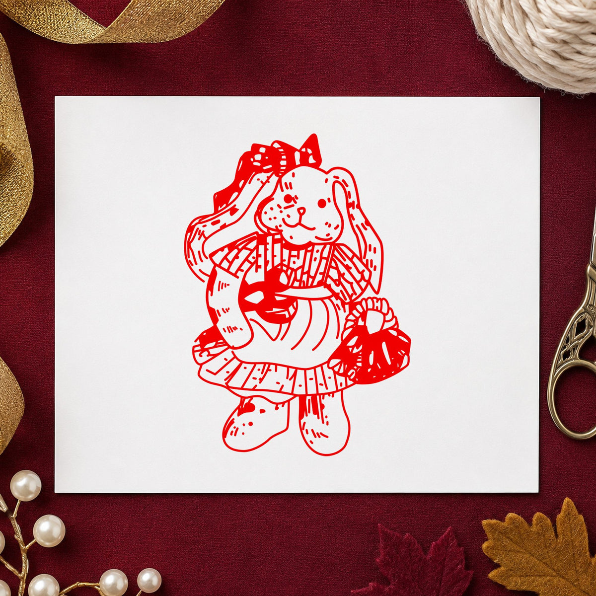 Country Bunny with Basket Rubber Stamp impression in red ink on white paper in a styled craft setting.