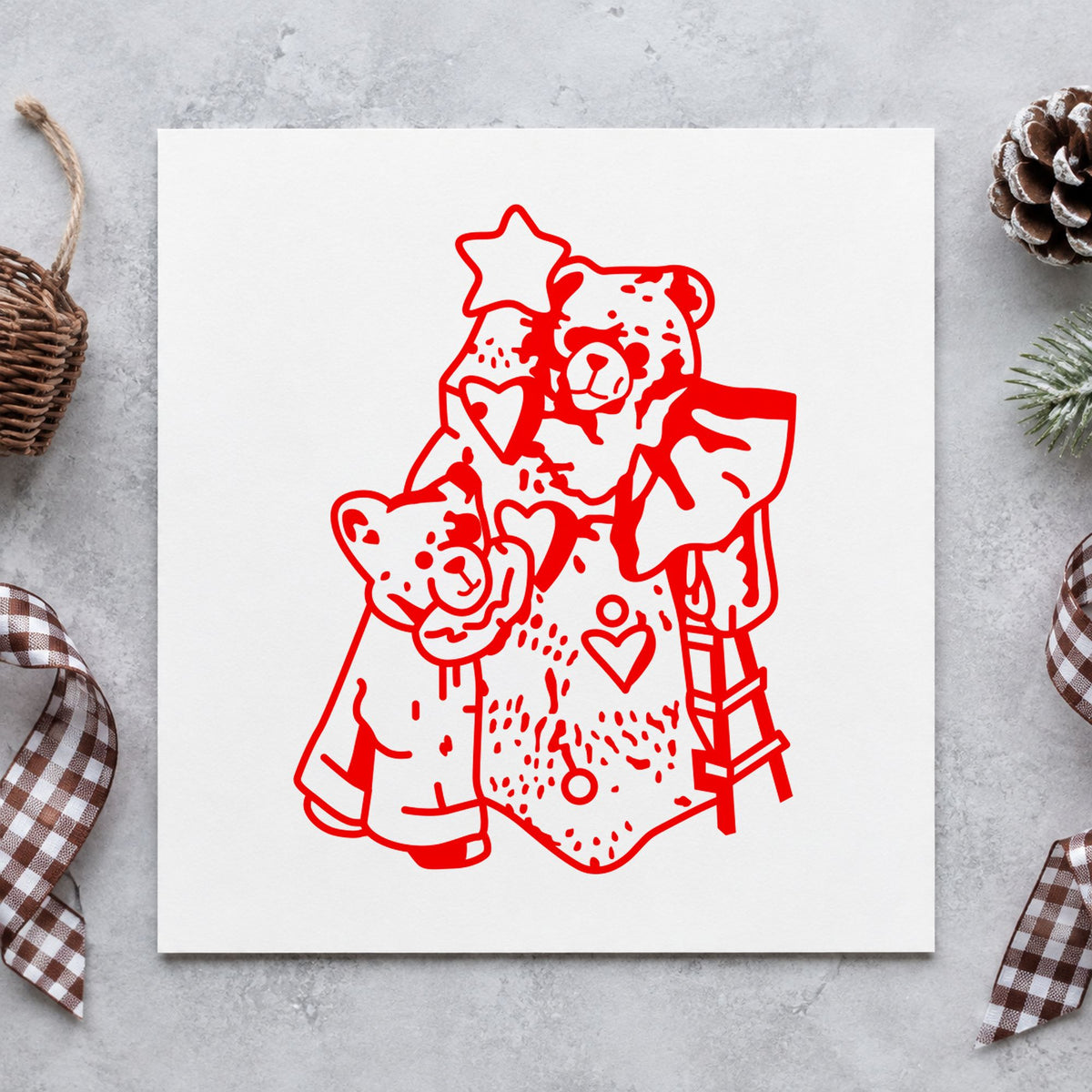 Bears with Christmas Tree Rubber Stamp in use 8