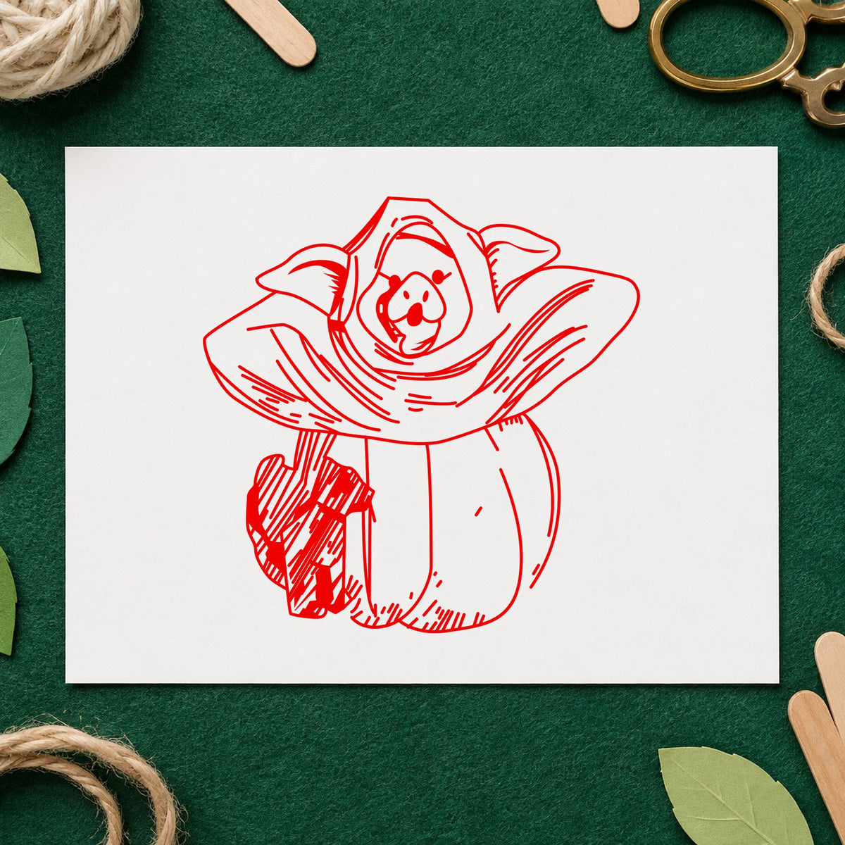Pumpkin Costume Pig and Black Cat Rubber Stamp impression in red ink on white paper in a styled craft setting.