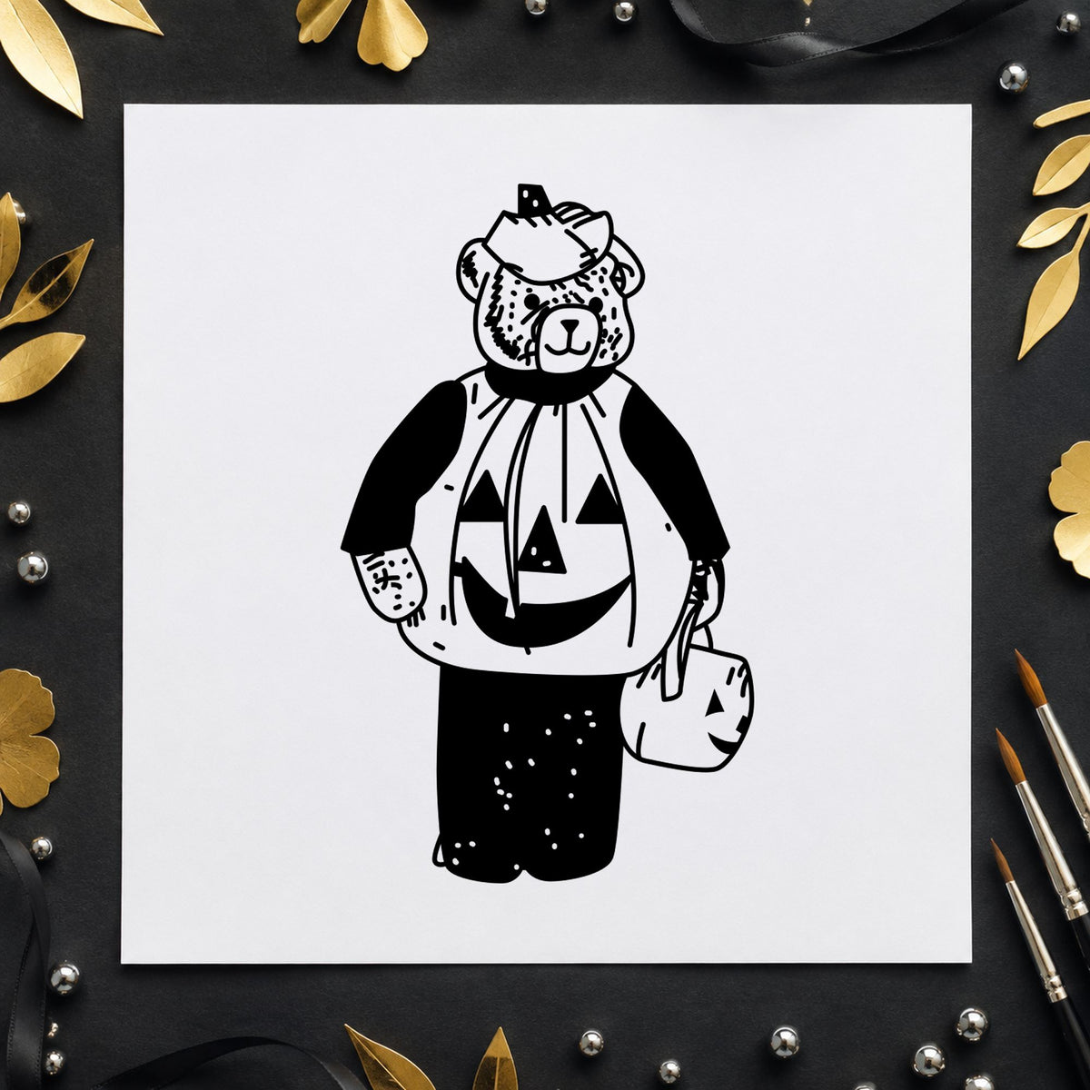 Bear in Pumpkin Costume Art Rubber Stamp in use 1