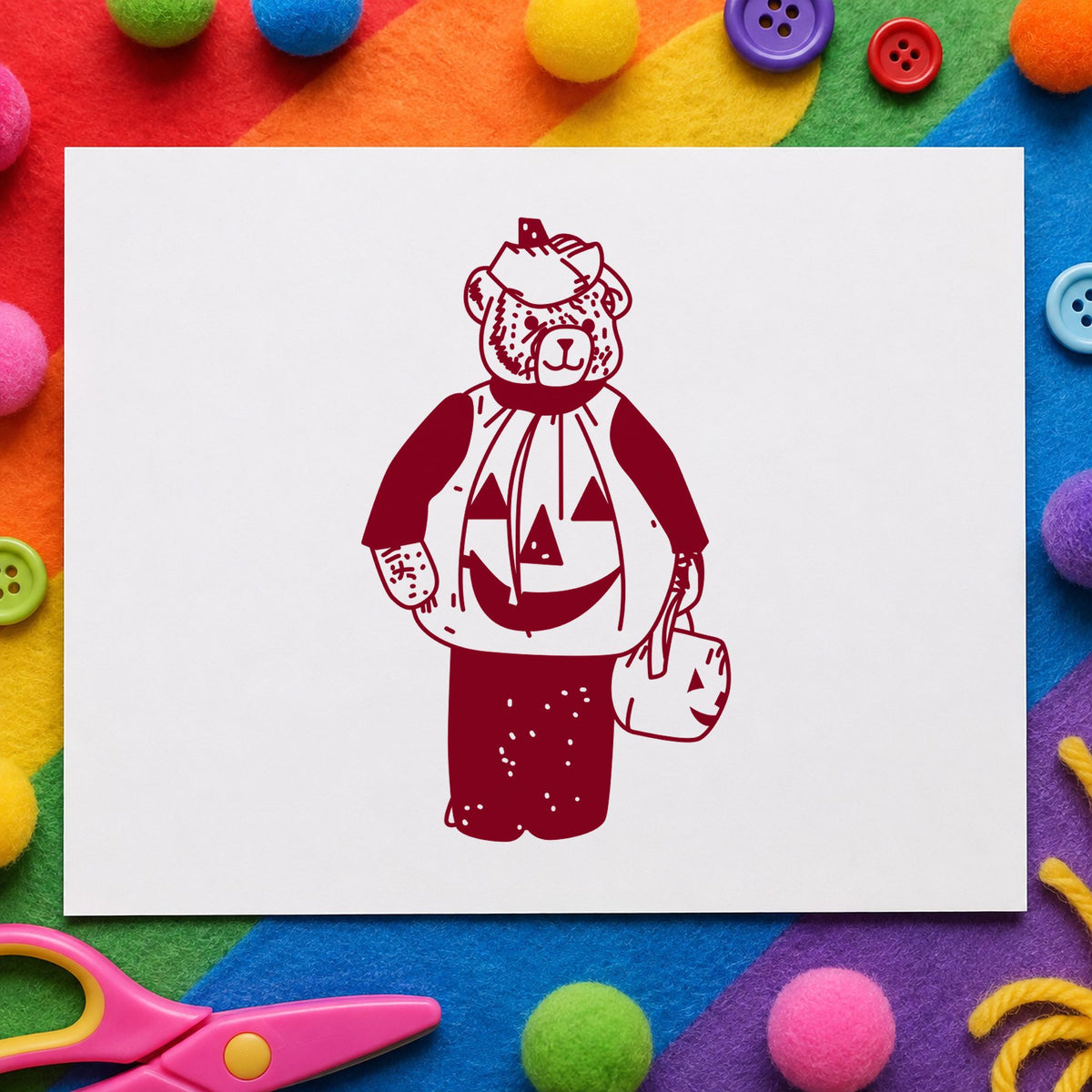 Bear in Pumpkin Costume Art Rubber Stamp in use 10