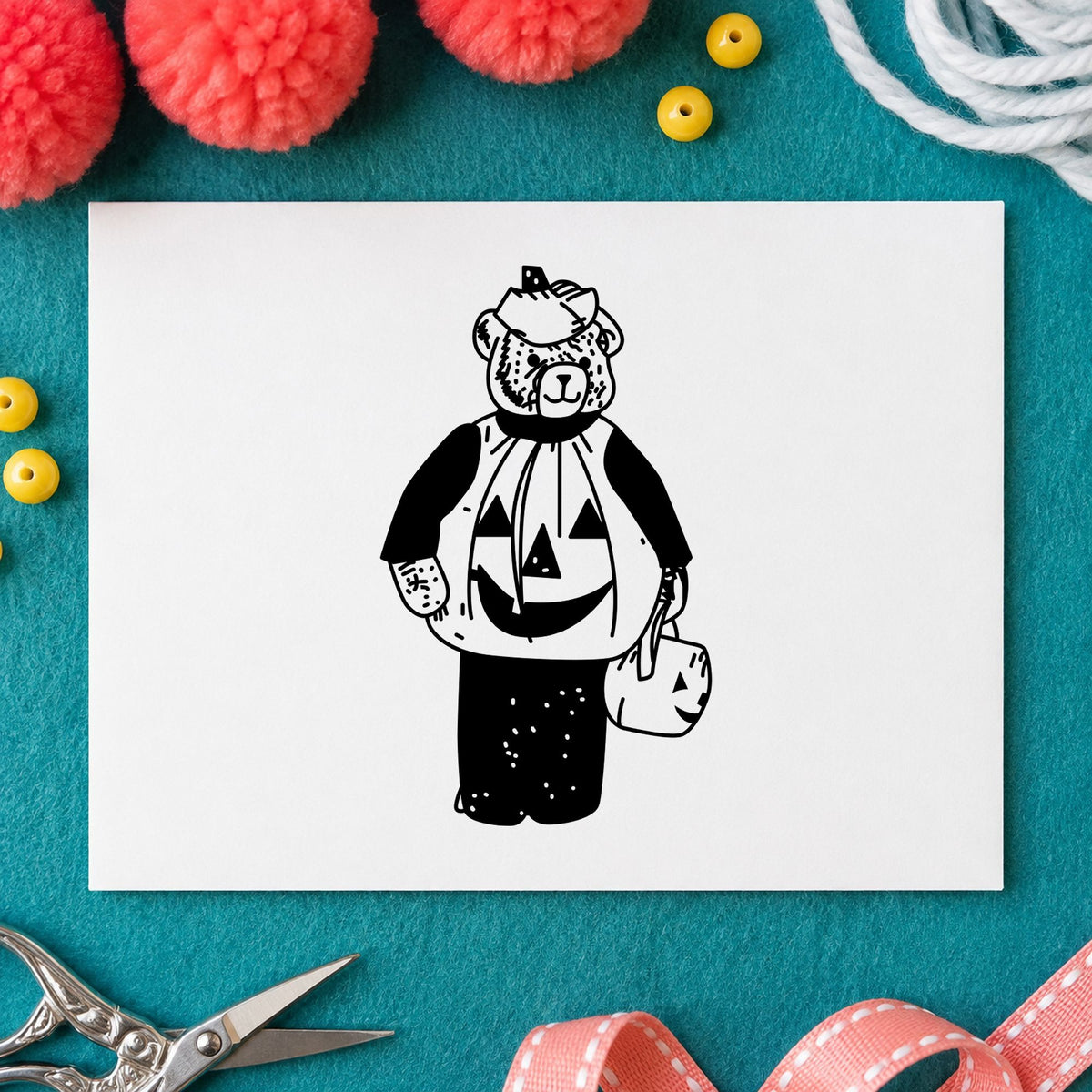 Bear in Pumpkin Costume Art Rubber Stamp in use 2