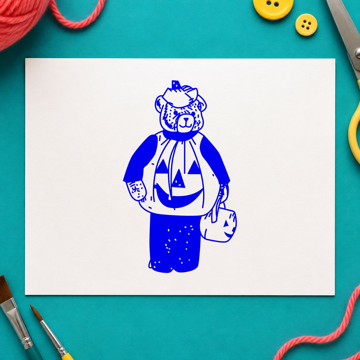 Bear in Pumpkin Costume Art Rubber Stamp in use 3
