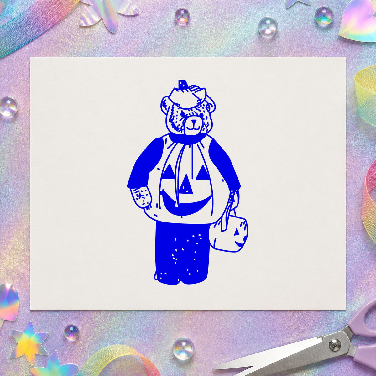 Bear in Pumpkin Costume Art Rubber Stamp in use 4