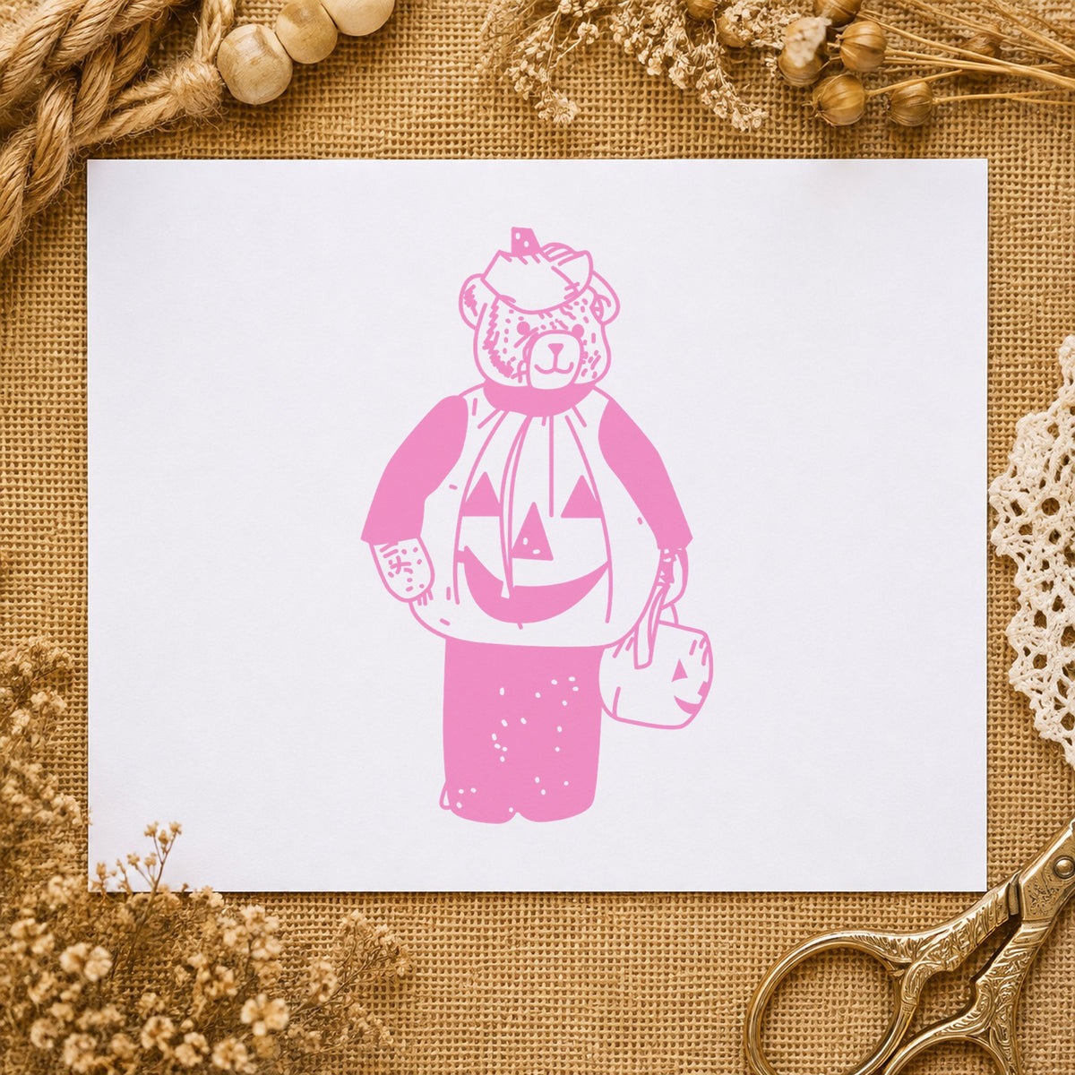 Bear in Pumpkin Costume Art Rubber Stamp in use 6