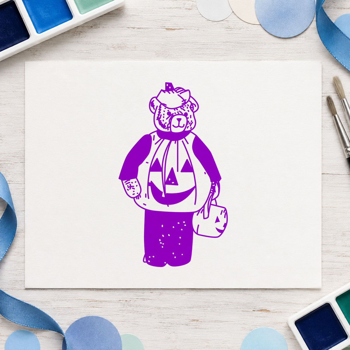 Bear in Pumpkin Costume Art Rubber Stamp in use 7
