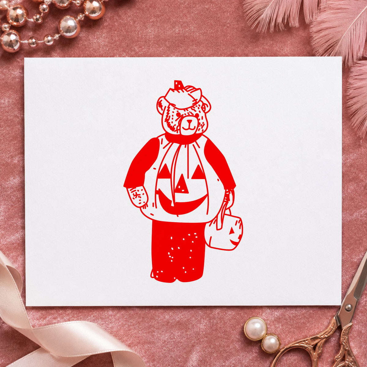 Bear in Pumpkin Costume Art Rubber Stamp in use 8