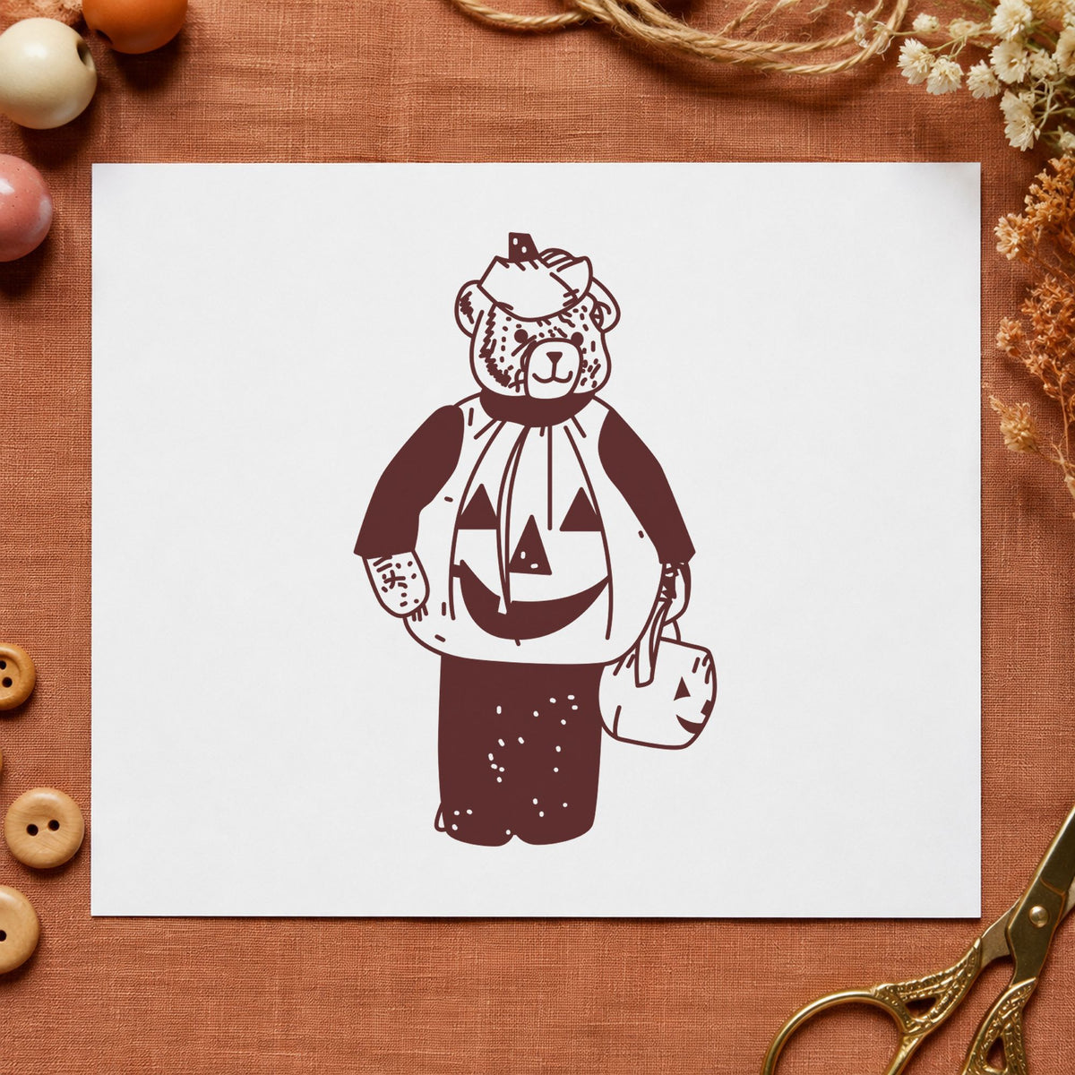 Bear in Pumpkin Costume Art Rubber Stamp in use 9