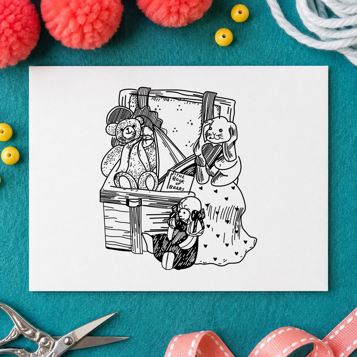 Toy Box with Bear and Bunny Rubber Stamp impression in black ink on white paper in a styled craft setting.