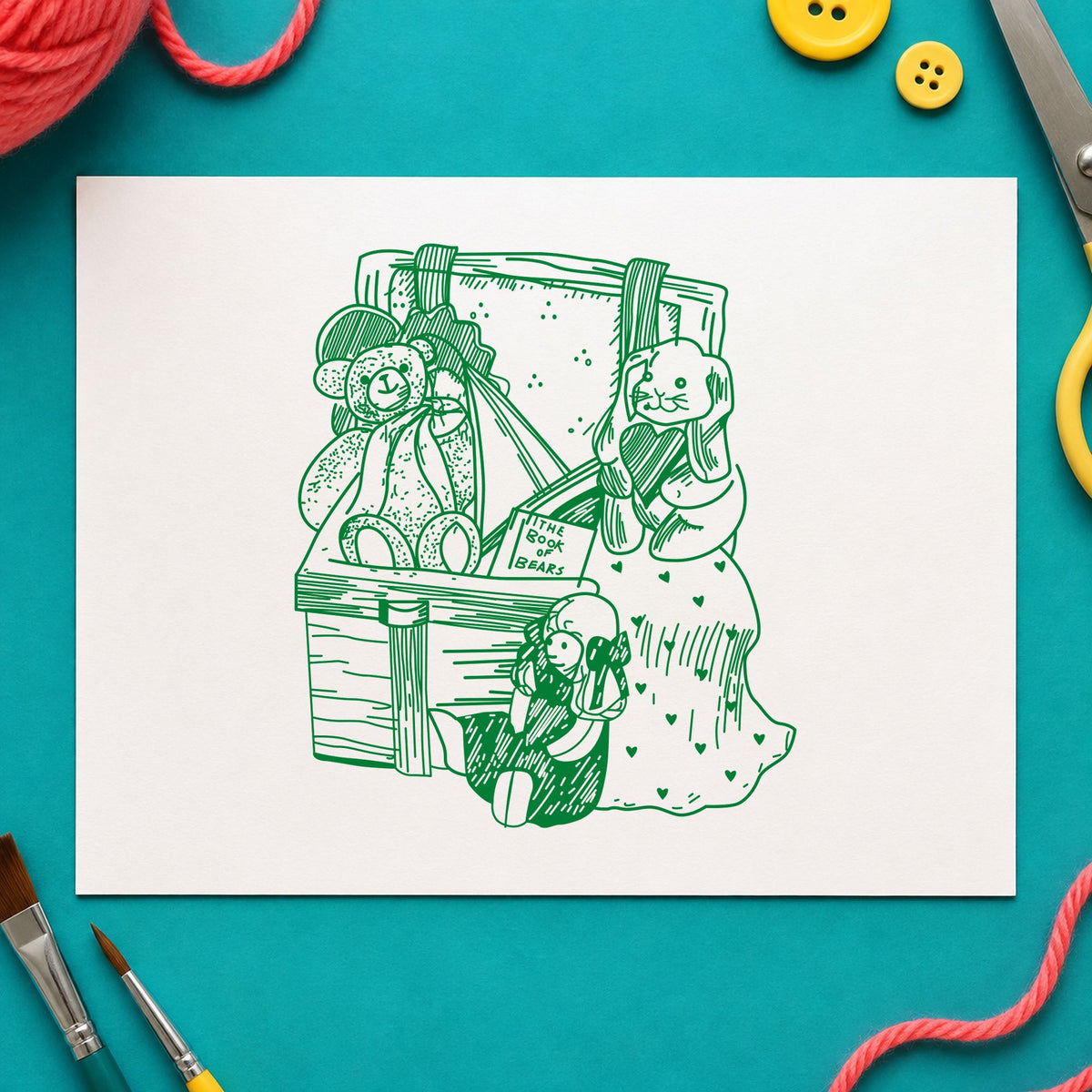 Toy Box with Bear and Bunny Rubber Stamp impression in green ink on white paper in a styled craft setting.