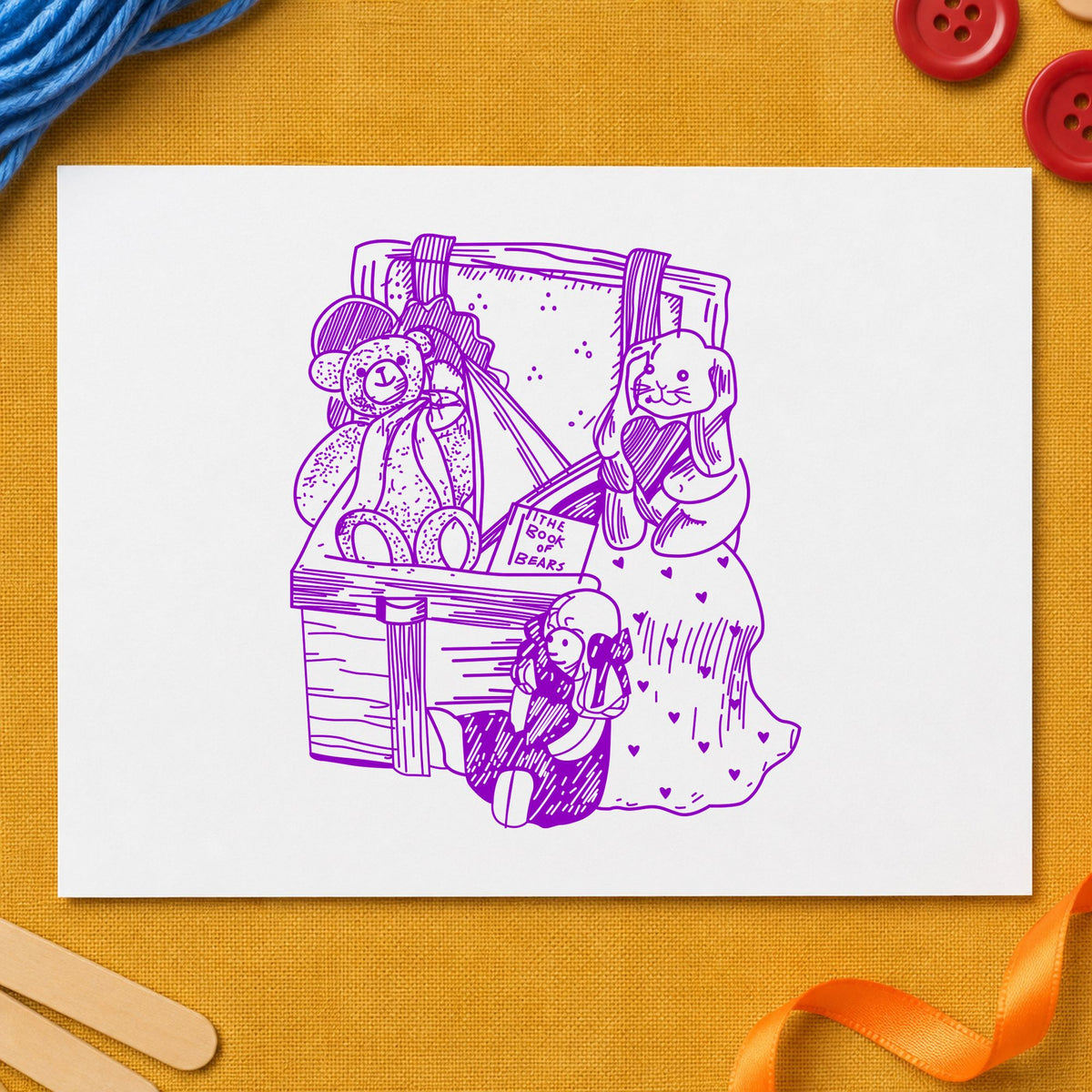 Toy Box with Bear and Bunny Rubber Stamp impression in purple ink on white paper in a styled craft setting.