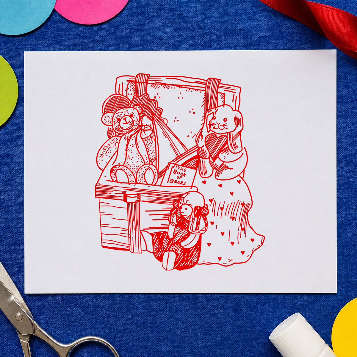 Toy Box with Bear and Bunny Rubber Stamp impression in red ink on white paper in a styled craft setting.
