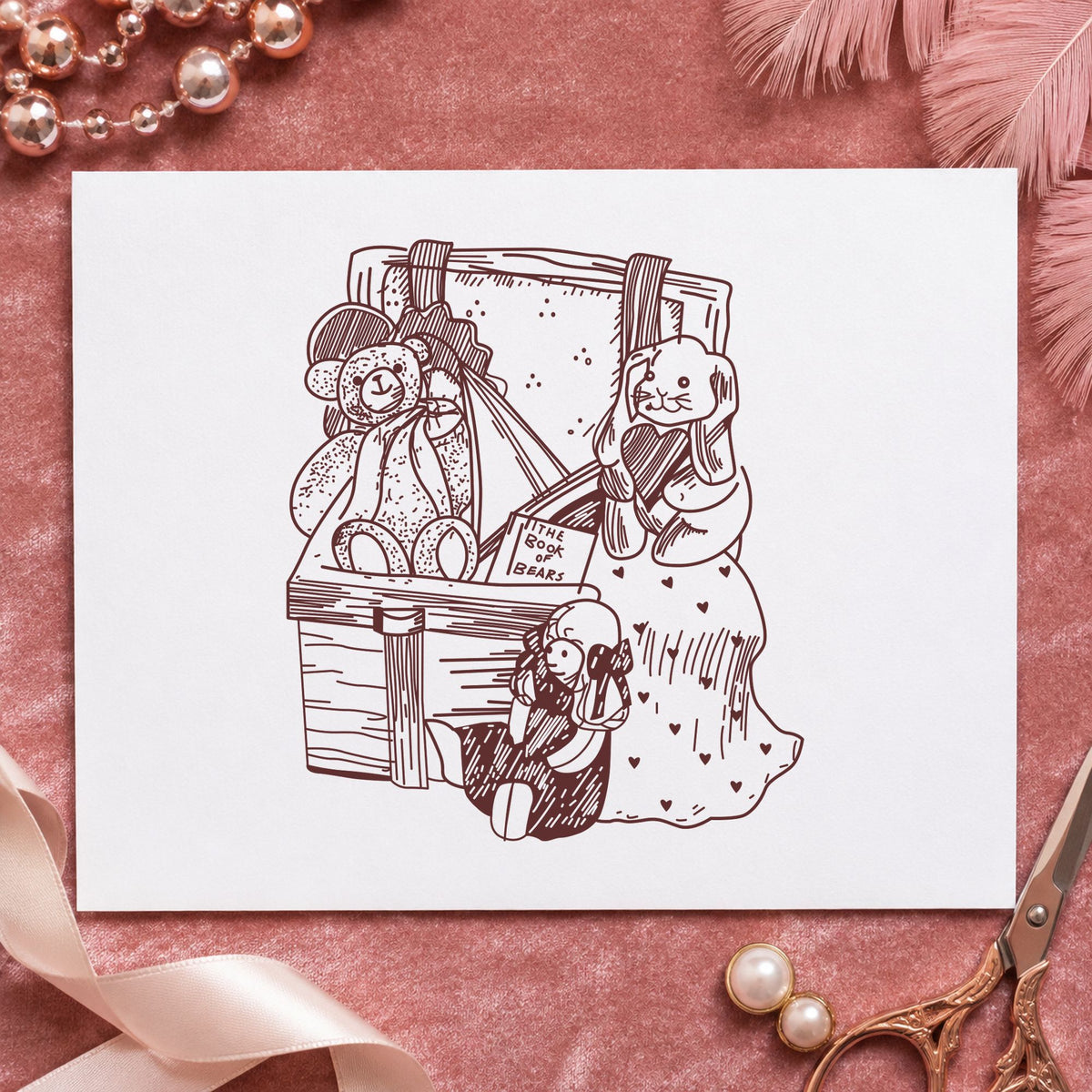 Toy Box with Bear and Bunny Rubber Stamp impression in brown ink on white paper in a styled craft setting.