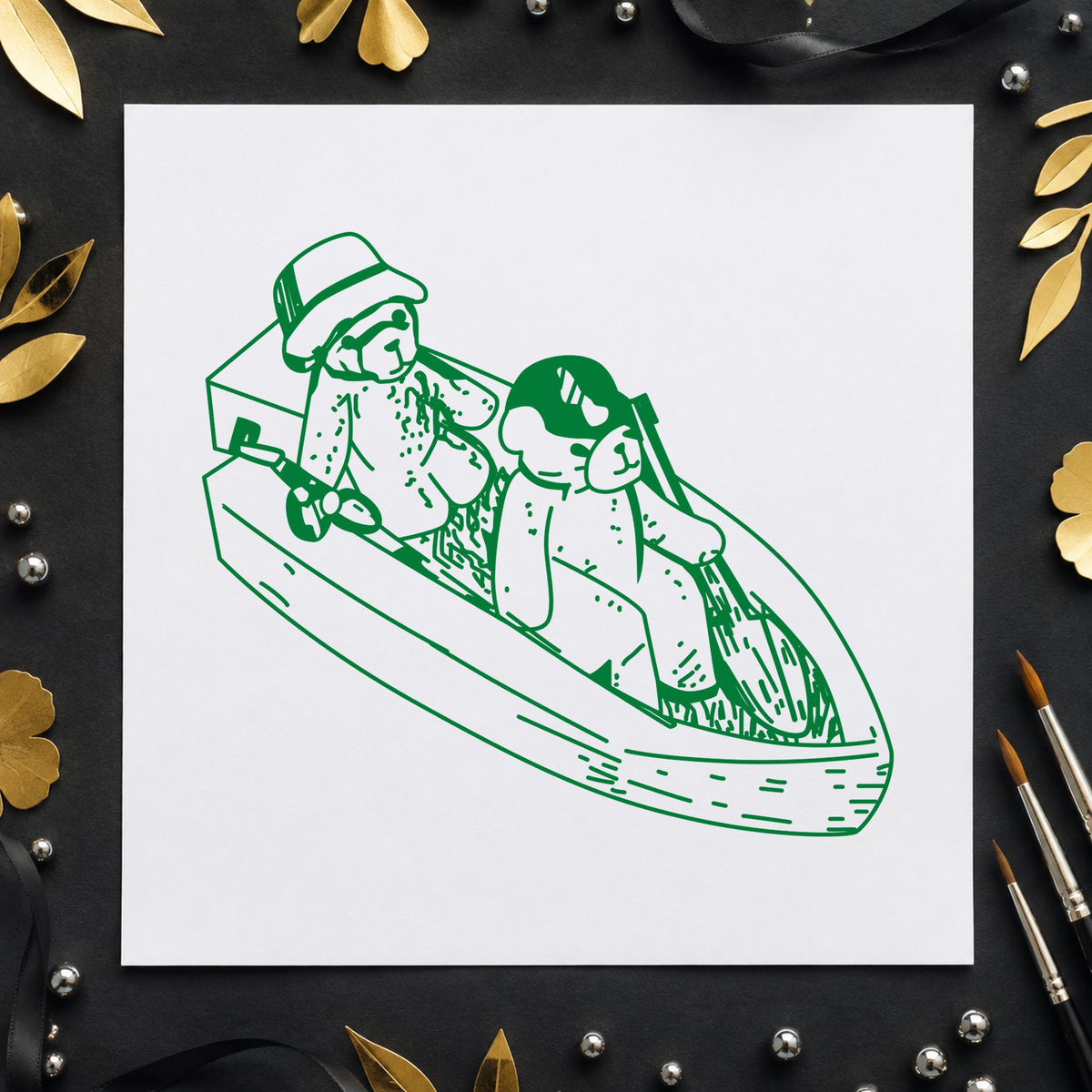 Bears in Boat Art Rubber Stamp in use 5