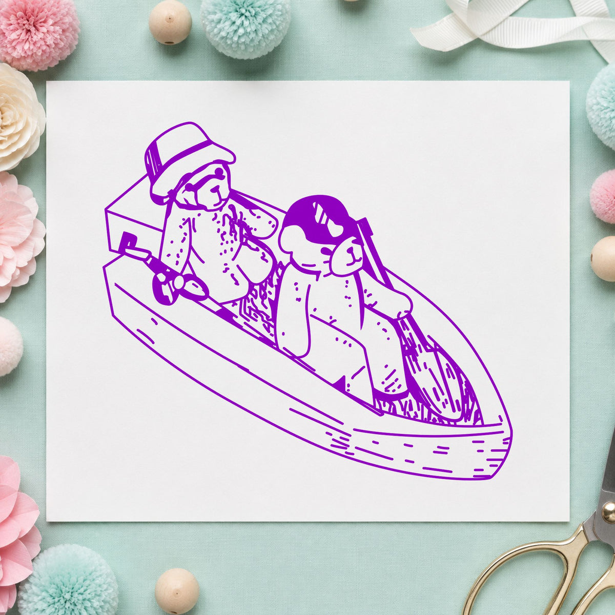 Bears in Boat Art Rubber Stamp in use 7