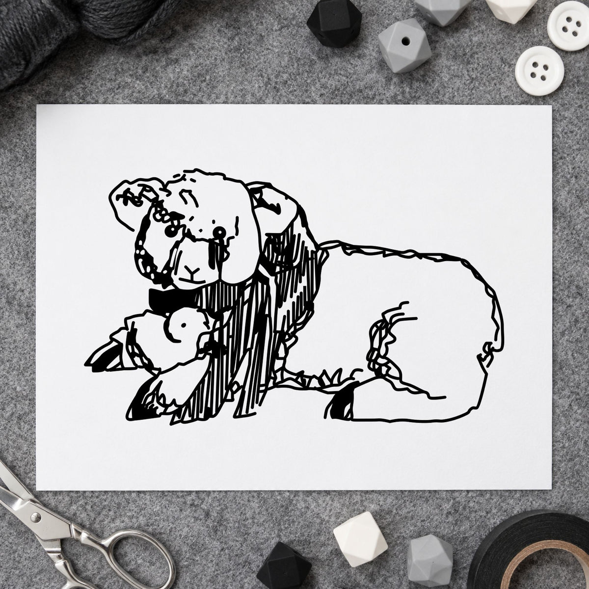 Lamb and Chicken Rubber Stamp impression in black ink on white paper in a styled craft setting.