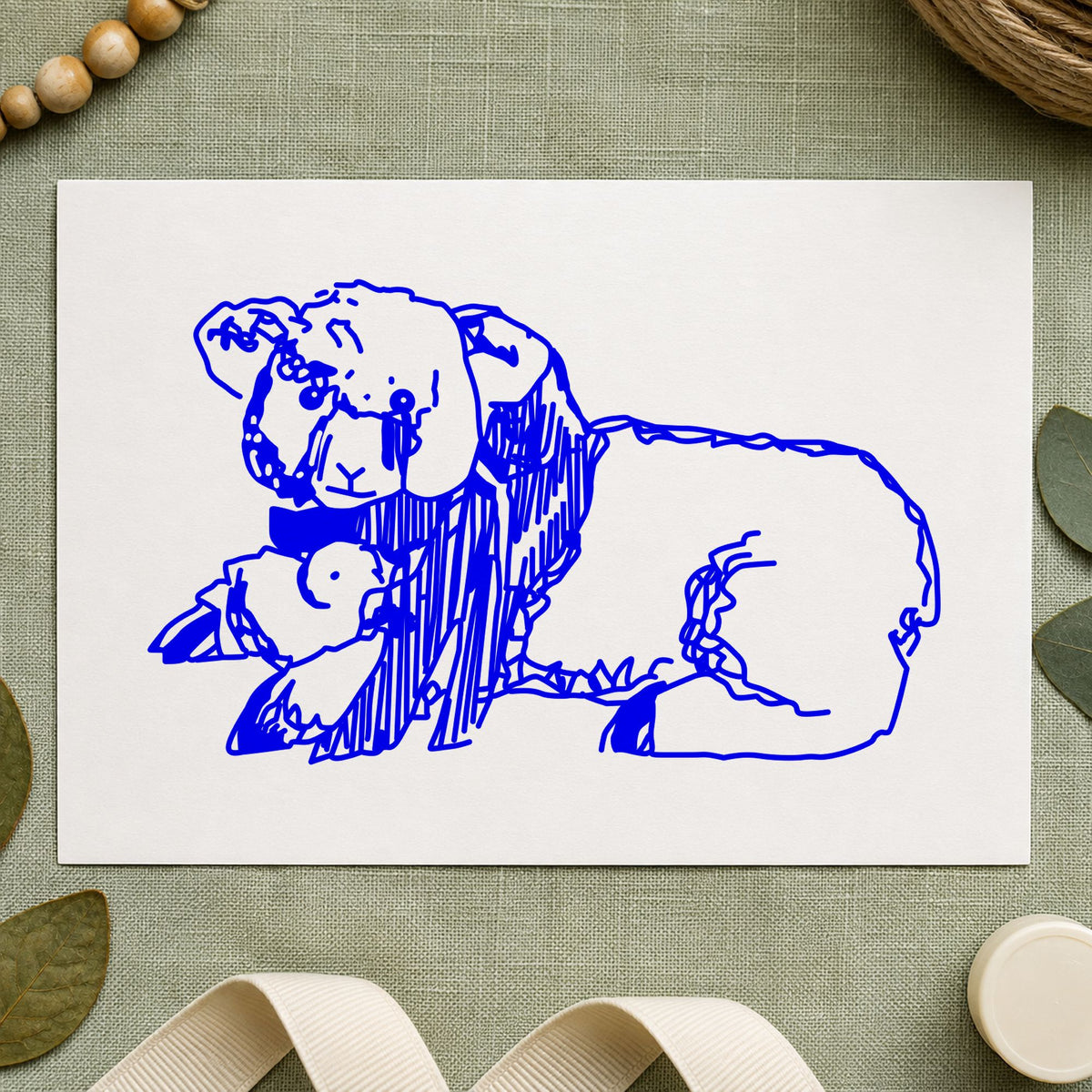 Blue farm animal stamp impression featuring the lamb and chicken design on white paper.
