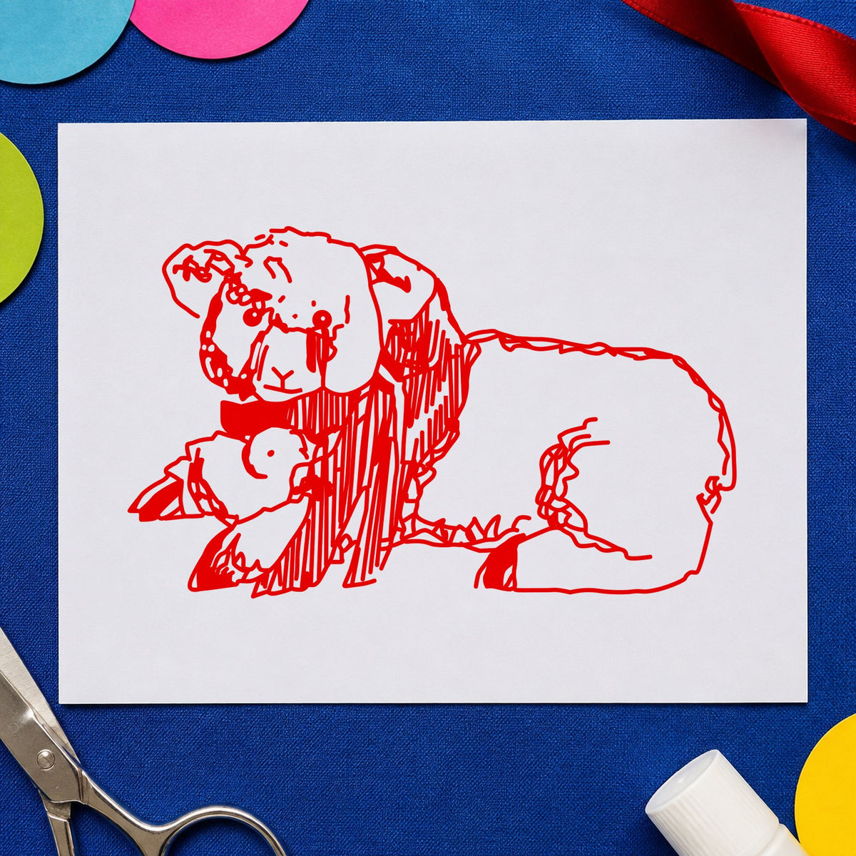 Lamb and Chicken Rubber Stamp impression in red ink on white paper in a styled craft setting.
