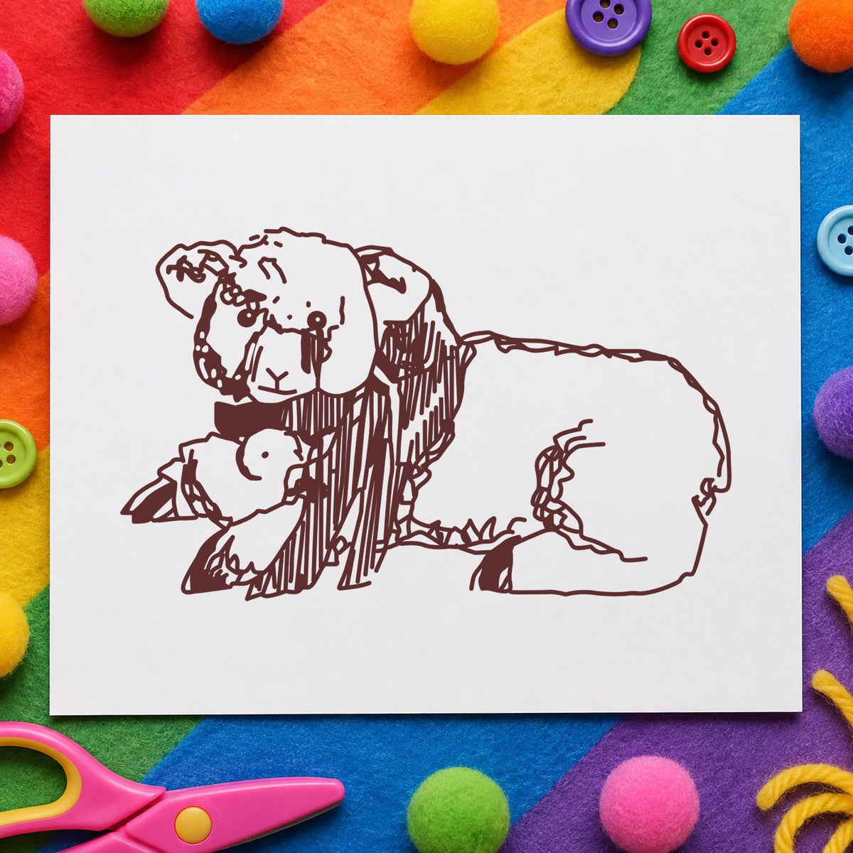 Lamb and Chicken Rubber Stamp impression in brown ink on white paper in a styled craft setting.