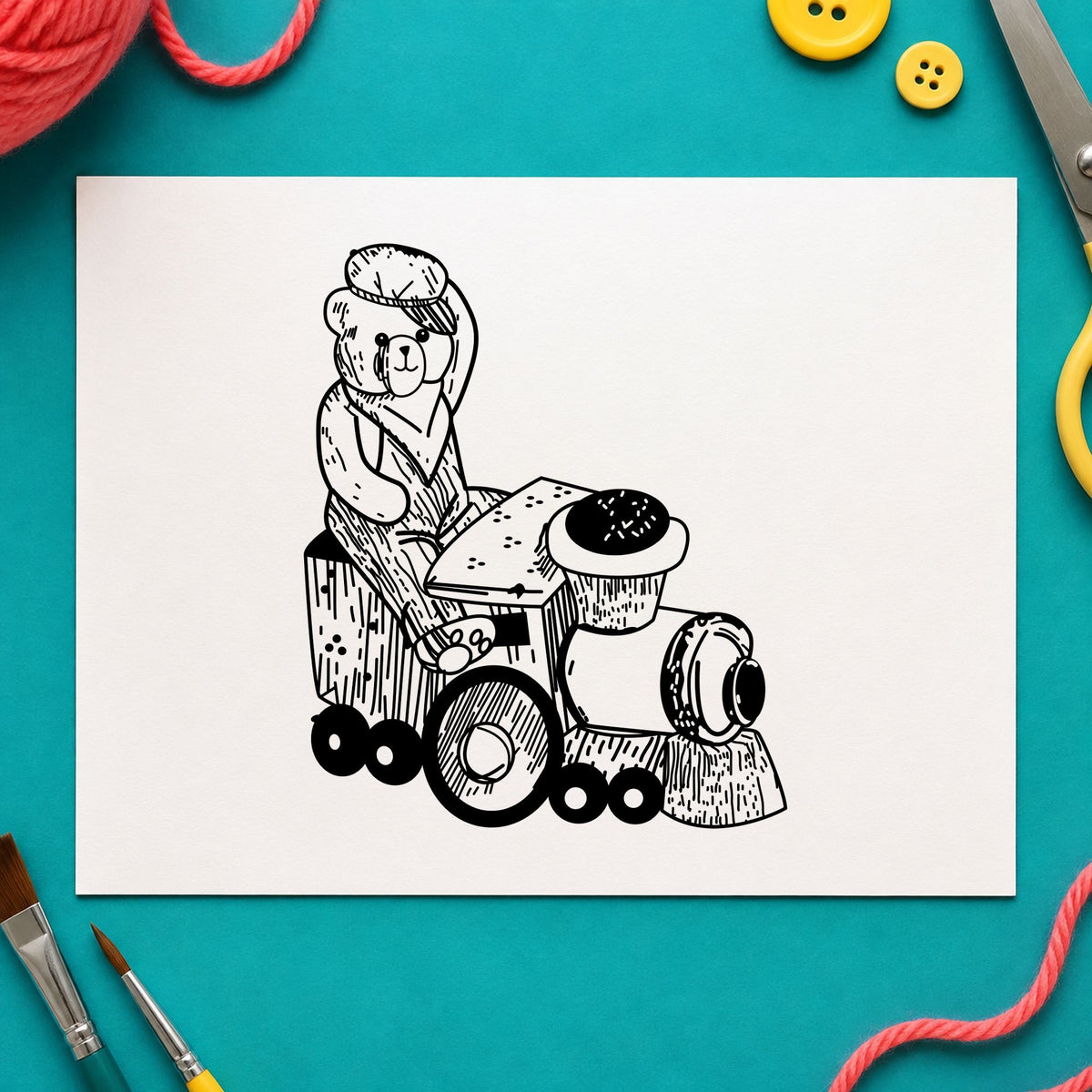 Bear Train Engineer Art Rubber Stamp in use 1