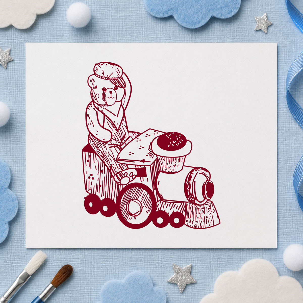 Bear Train Engineer Art Rubber Stamp in use 10
