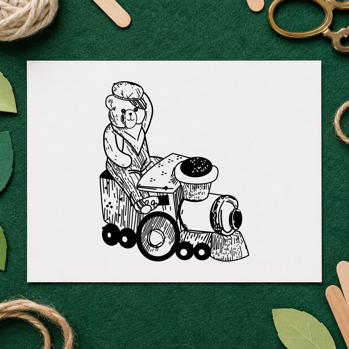 Bear Train Engineer Art Rubber Stamp in use 2