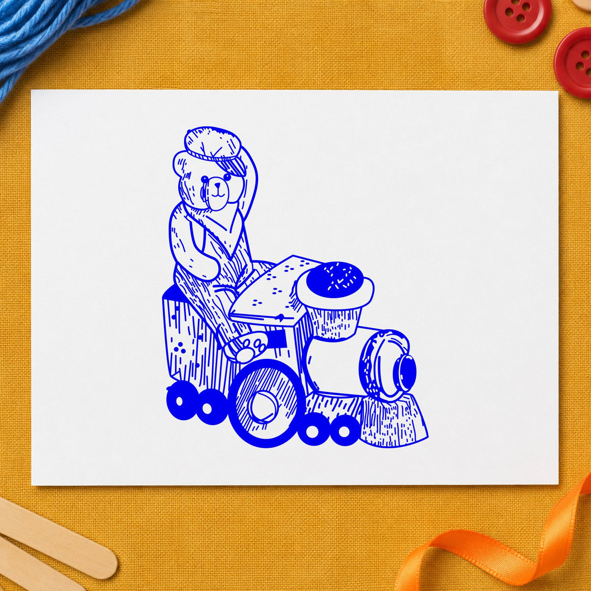 Bear Train Engineer Art Rubber Stamp in use 3