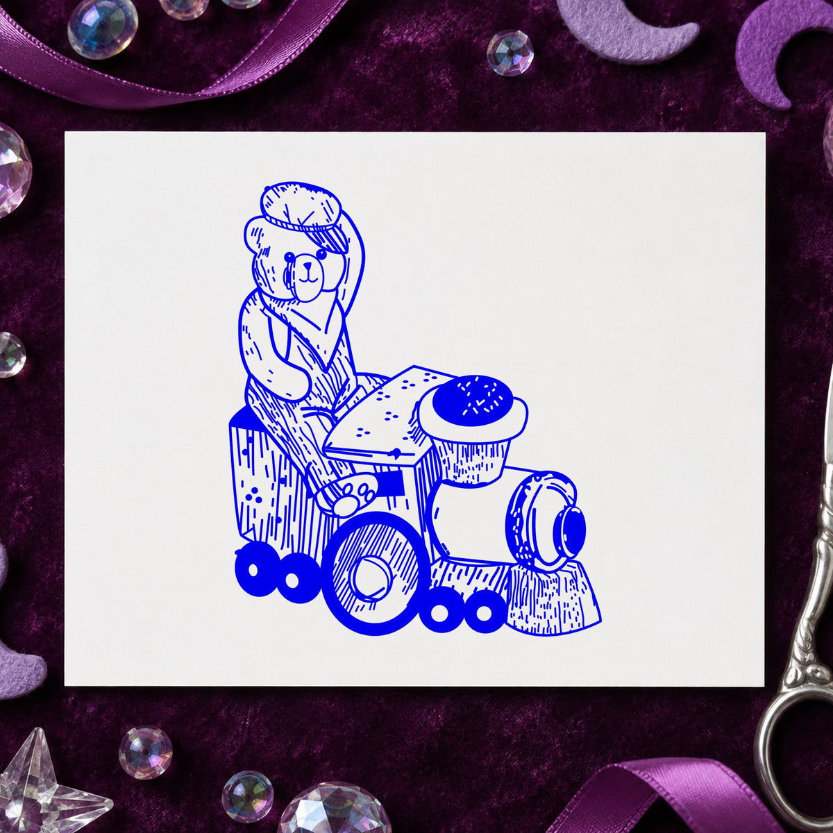 Bear Train Engineer Art Rubber Stamp in use 4