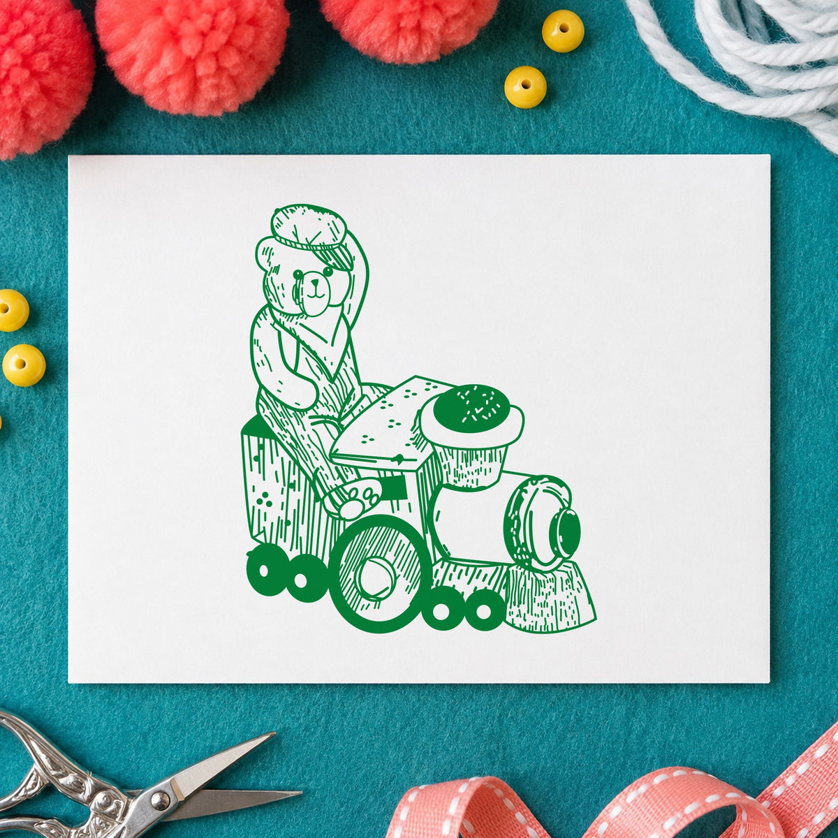 Bear Train Engineer Art Rubber Stamp in use 5