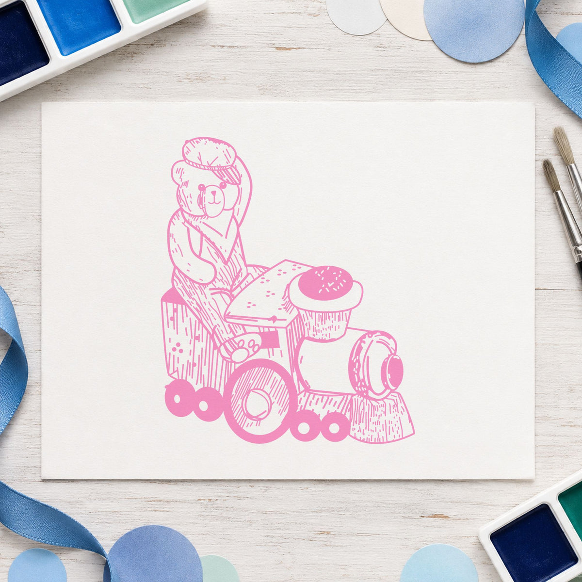 Bear Train Engineer Art Rubber Stamp in use 6