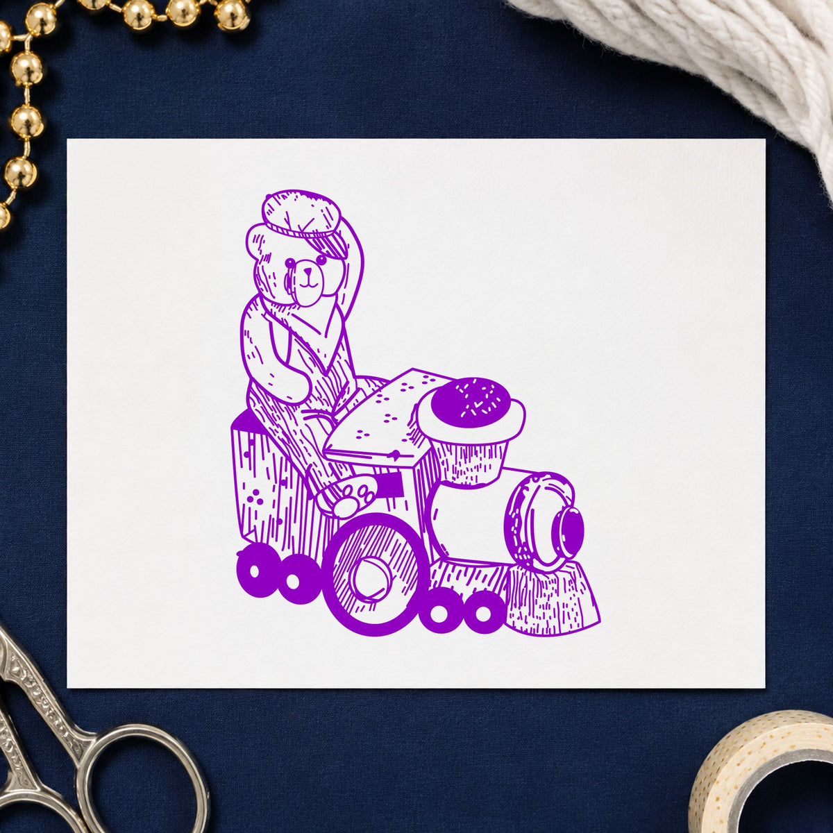 Bear Train Engineer Art Rubber Stamp in use 7