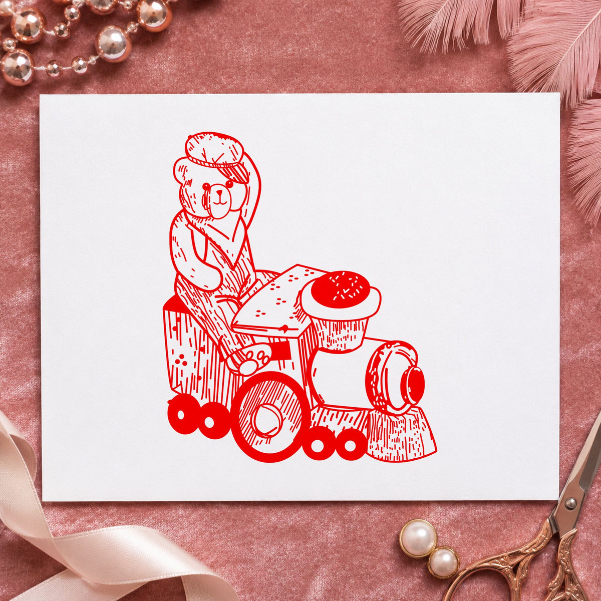 Bear Train Engineer Art Rubber Stamp in use 8