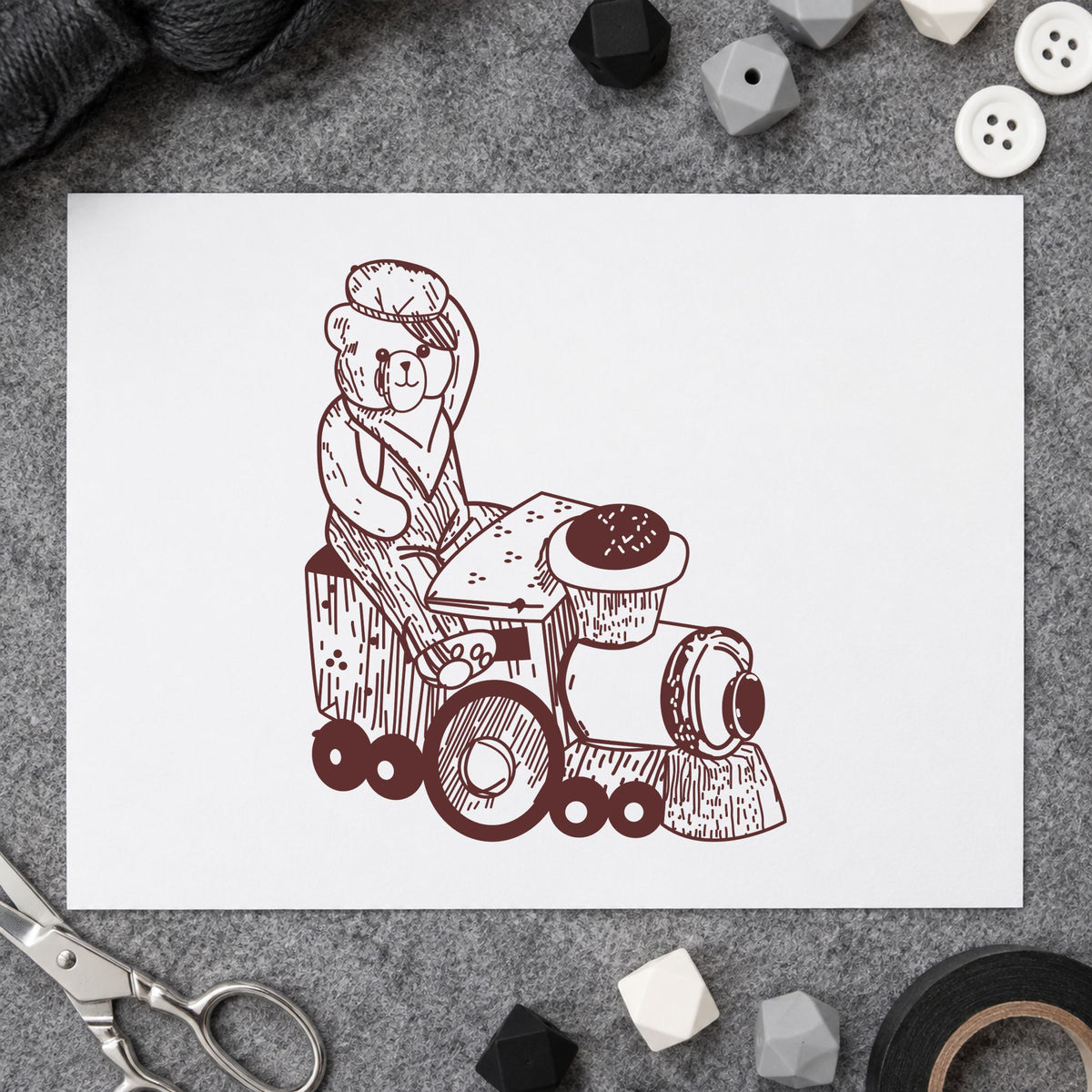 Bear Train Engineer Art Rubber Stamp in use 9