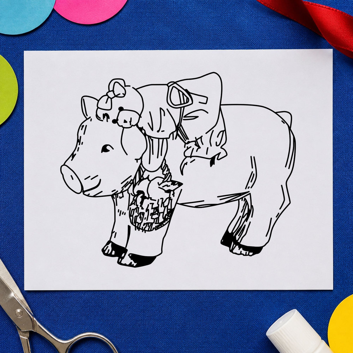 Bear Riding Pig Art Rubber Stamp in use 1