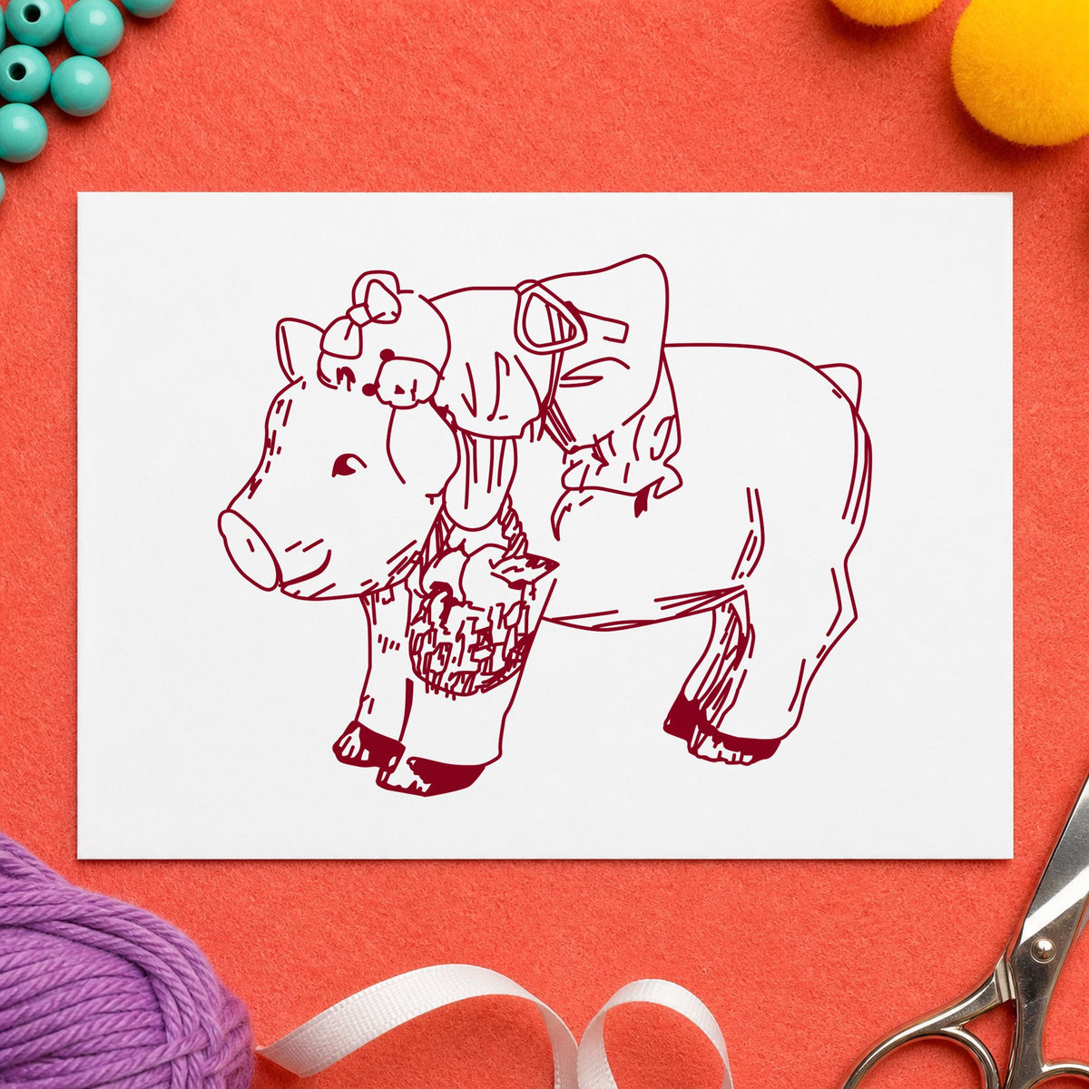 Bear Riding Pig Art Rubber Stamp in use 10