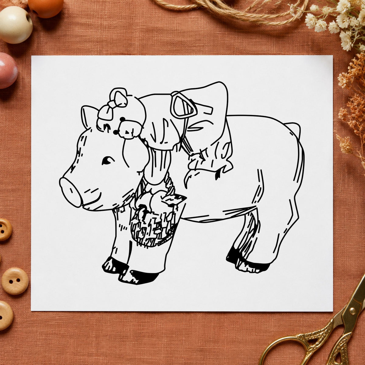 Bear Riding Pig Art Rubber Stamp in use 2