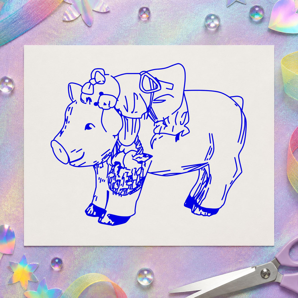 Bear Riding Pig Art Rubber Stamp in use 3