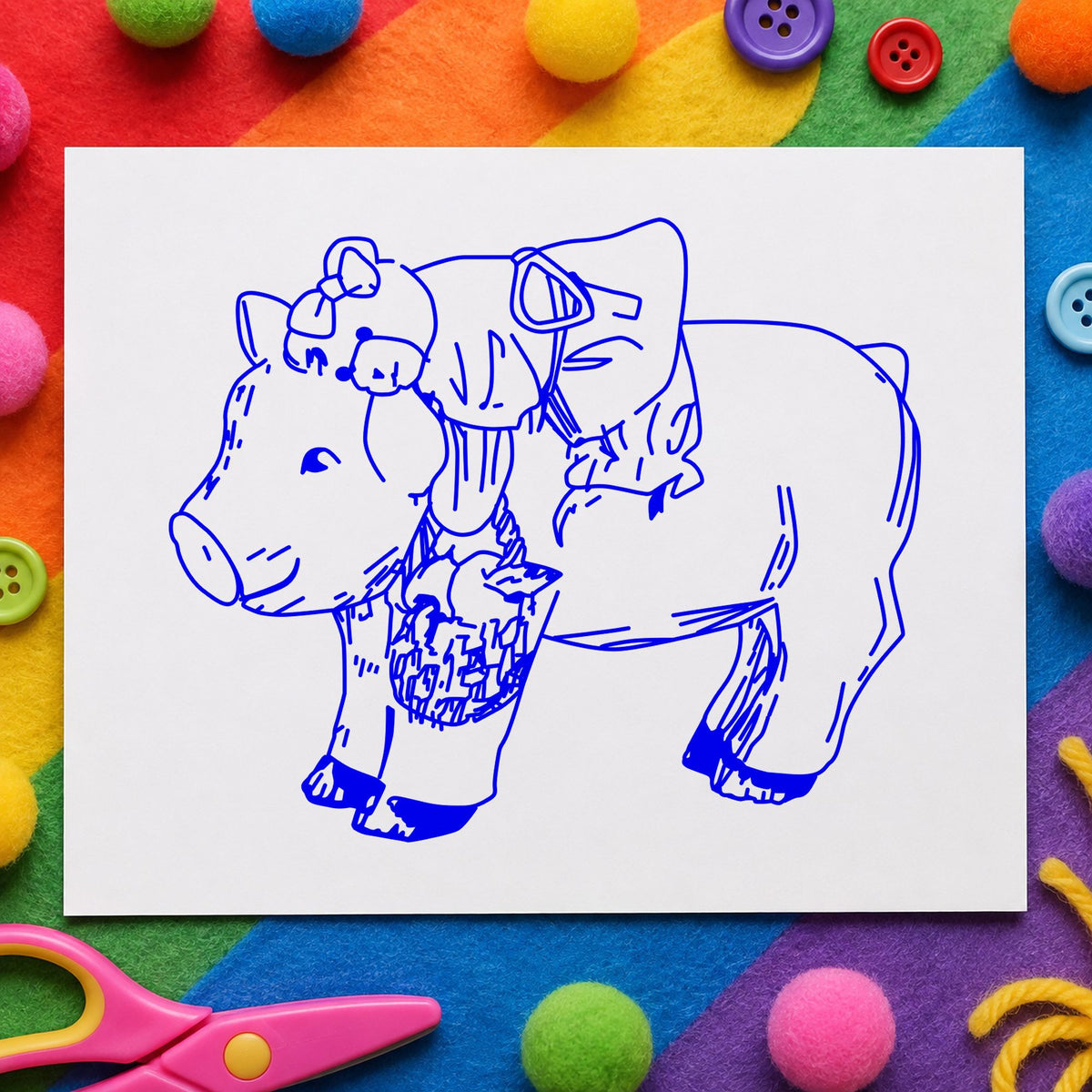 Bear Riding Pig Art Rubber Stamp in use 4