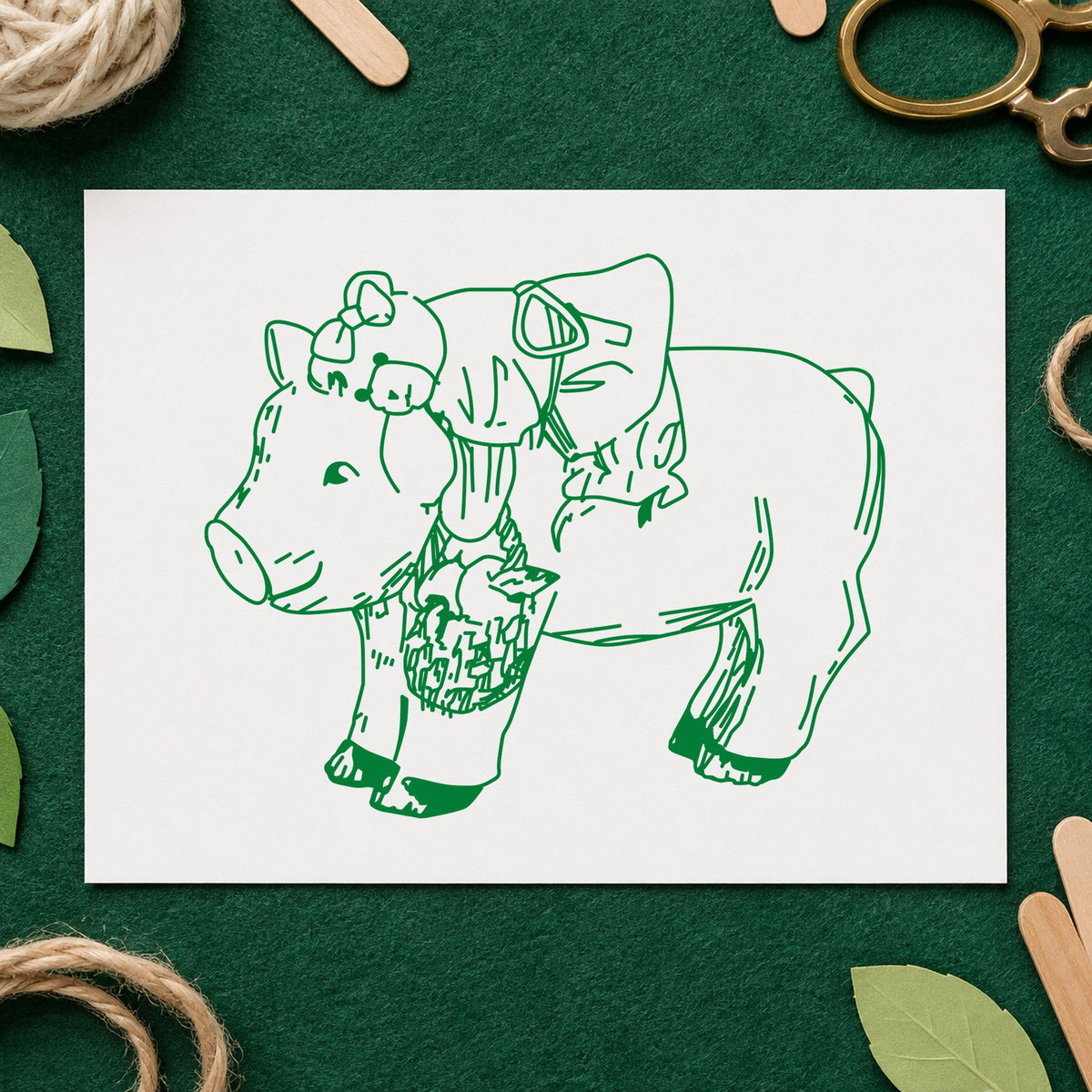 Bear Riding Pig Art Rubber Stamp in use 5