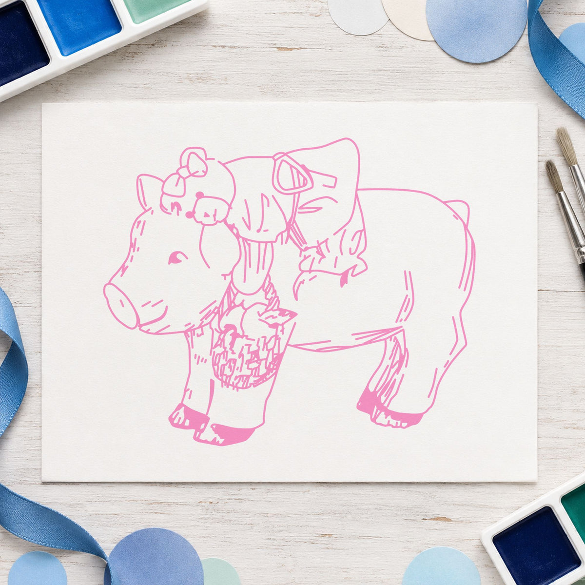 Bear Riding Pig Art Rubber Stamp in use 6