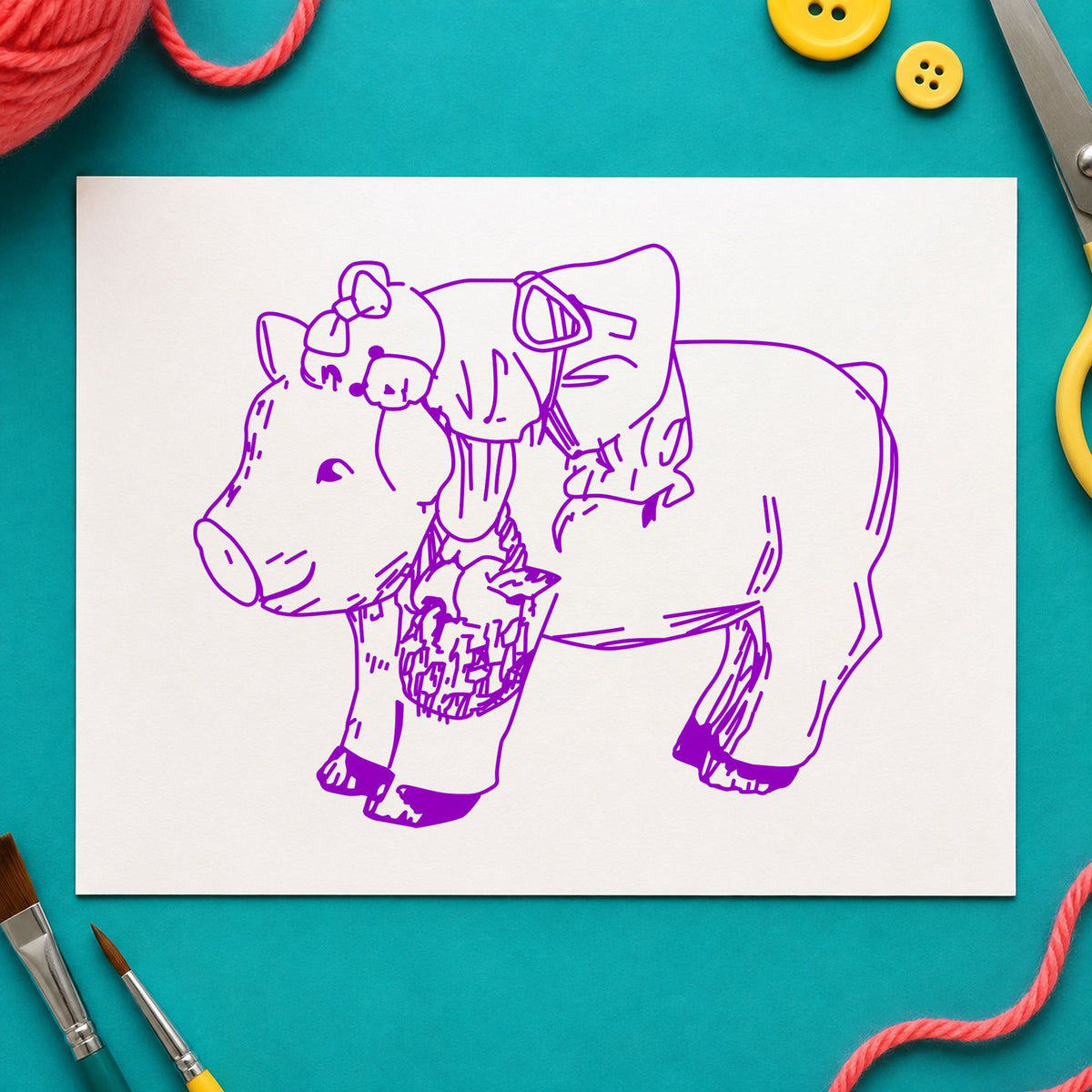 Bear Riding Pig Art Rubber Stamp in use 7
