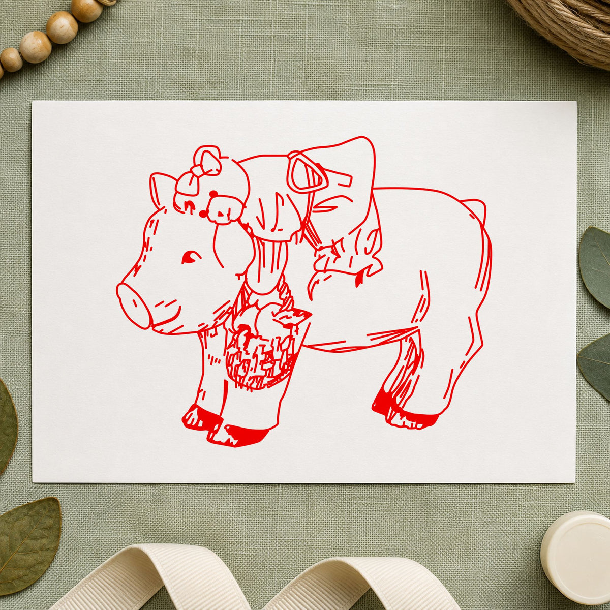 Bear Riding Pig Art Rubber Stamp in use 8